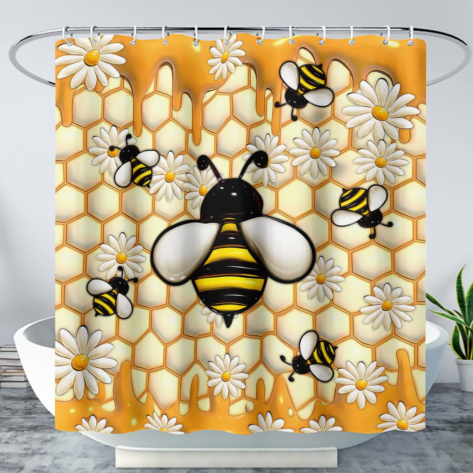 AILONEN Cartoon Yellow Bee Shower Curtain Set,Nature Spring Garden Bee Decorative Honeycomb Waterproof Curtains Set for Bathroom,72