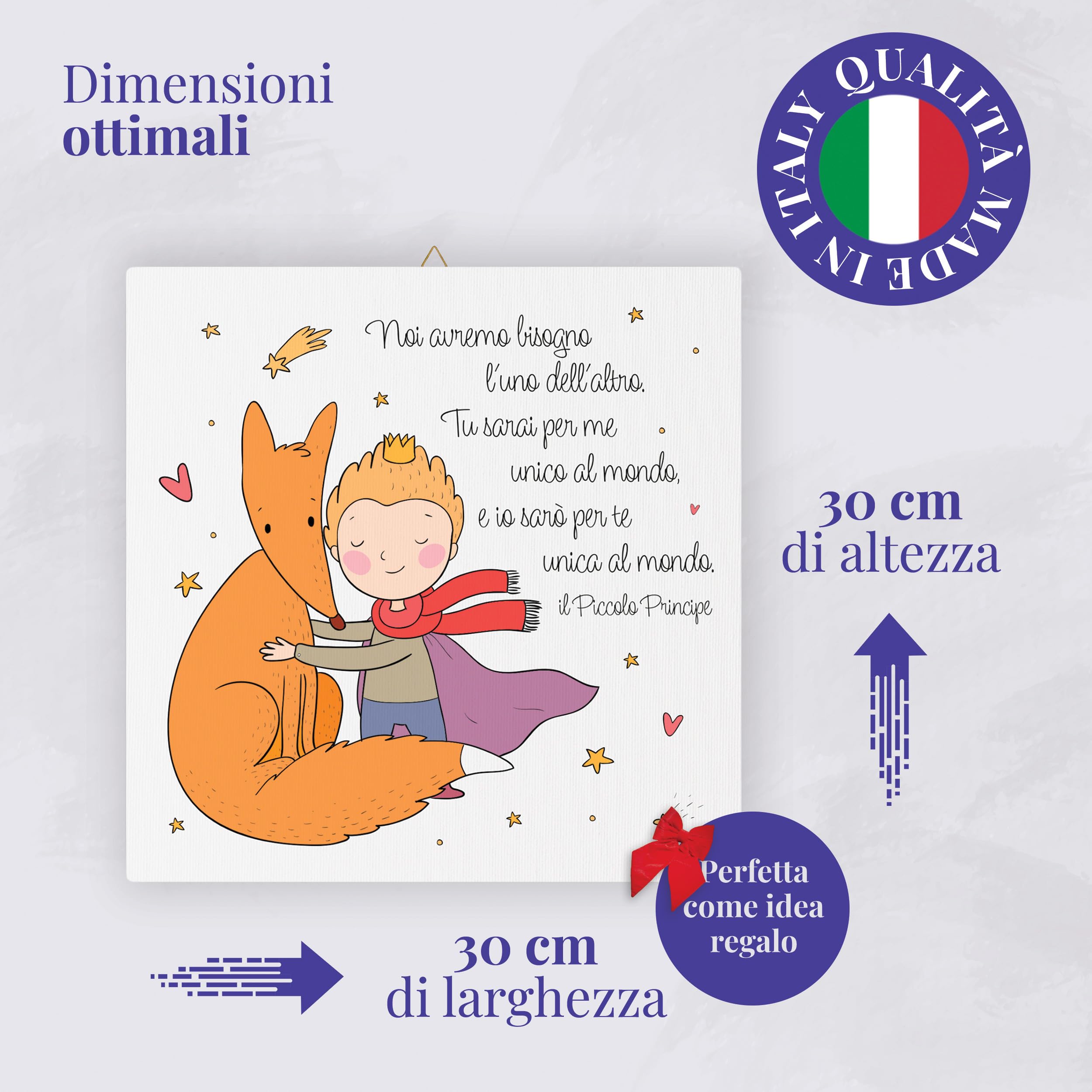 FRATELLI BONELLA - Tela 30x30 cm con Piccolo Principe che Abbraccia la Volpe - Tela per Bambini per Compleanni e Festività - Tela 30x30 Made in Italy