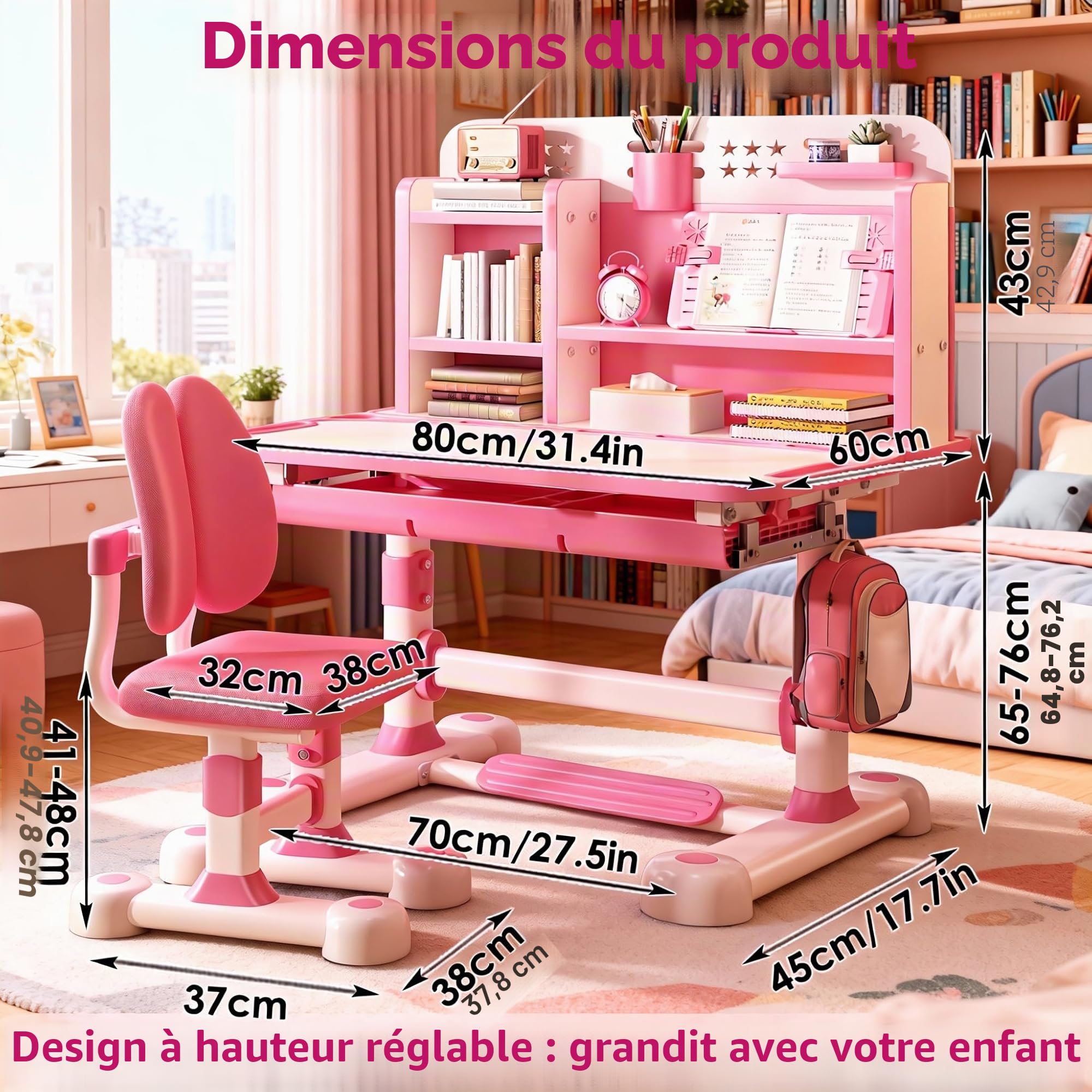 Ensemble bureau et chaise réglables pour enfants avec séparateurs et tiroirs, bureau d'étude avec chaise ergonomique, table et chaises pour enfants pour écrire, lire (rose)