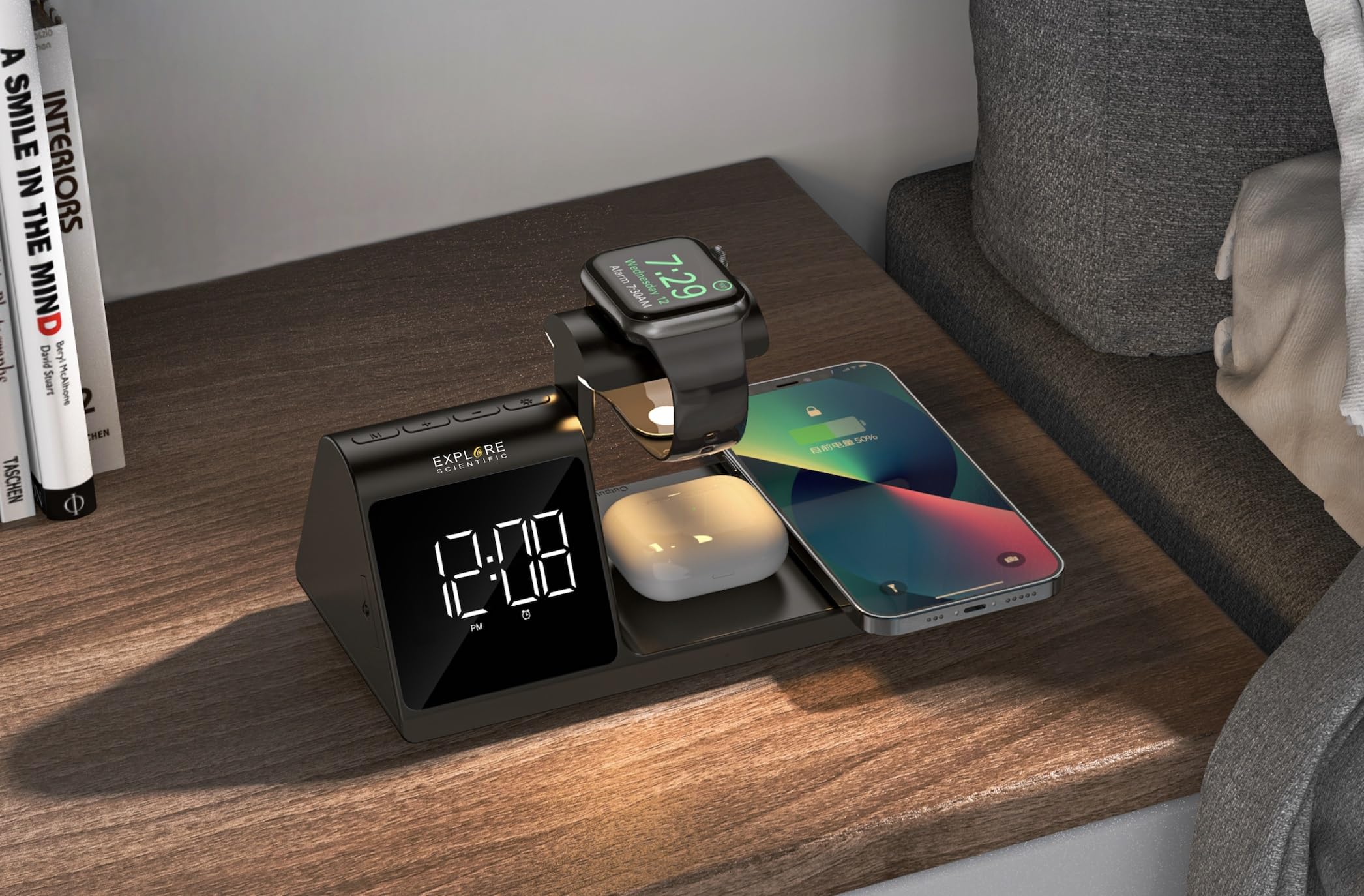 Explore Scientific orologio da scrivania a ricarica wireless senza fili | Display analogico con sveglia e allarme integrato, ricarica rapida per multidispositivo, smartphone, cuffie e orologi
