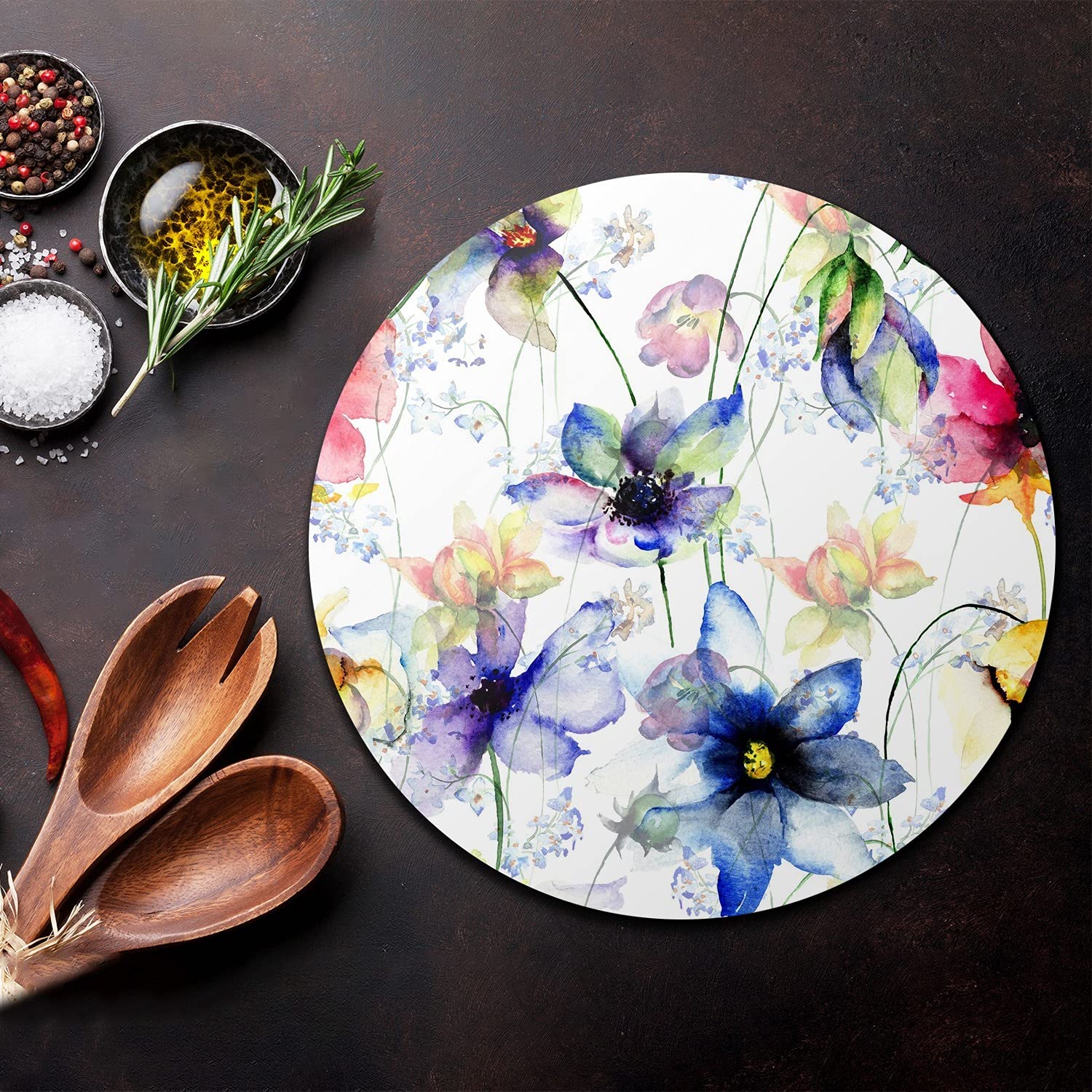 Coloray Glas Schneidebrett 40cm Herdabdeckplatte Servieren von Speisen Spritzschutz Glasabdeckplatte Gehärtetes Glas Induktionsherdabdeckung - Utensilien-Sommerblumen blau.