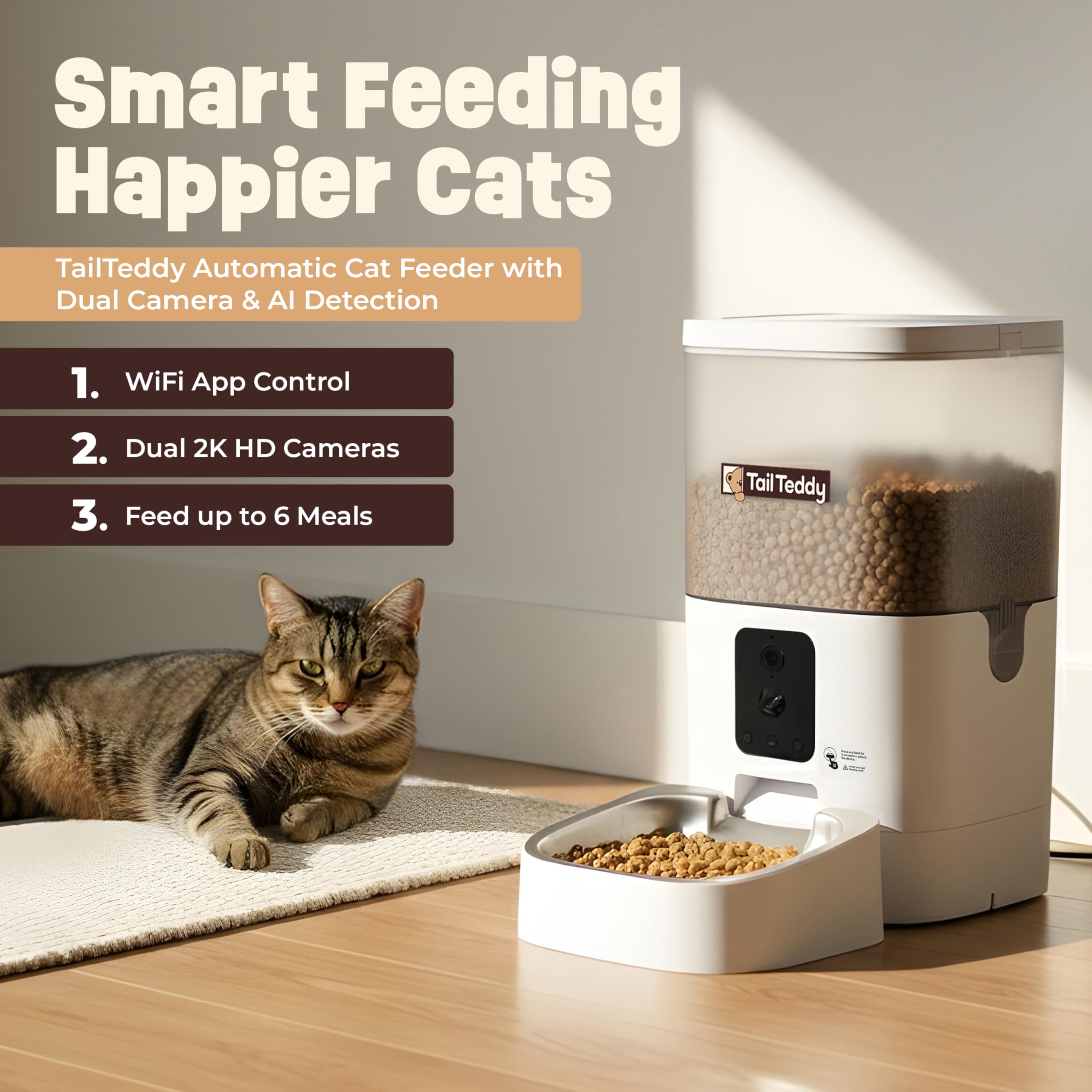 TailTeddy Automatic Cat Feeder with Dual Camera & AI Detection (6L), Smart Pet Feeder with WiFi App & Two-Way Audio, Timed Cat Feeder up to 6 Meals/Day, Stainless Steel Bowl & Battery Backup - image 2