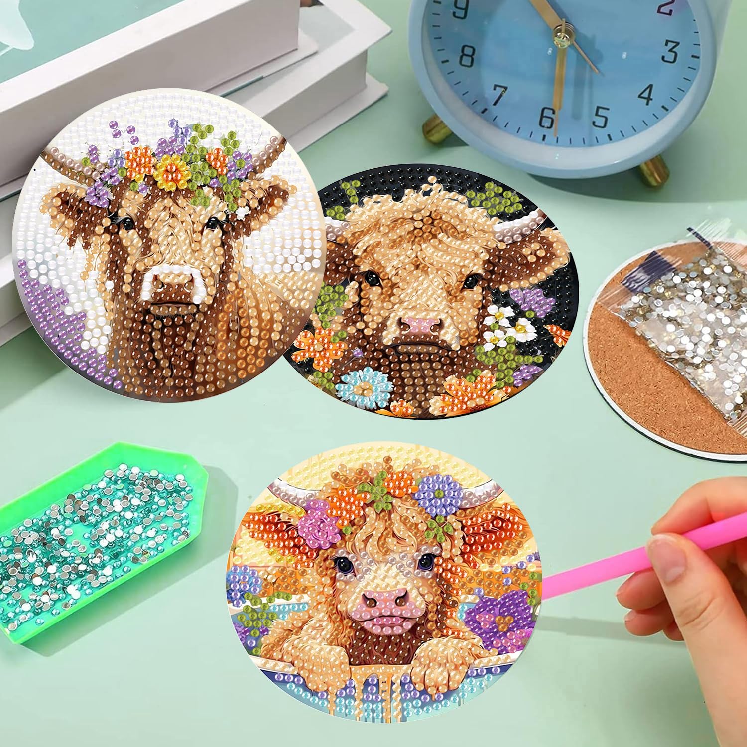 mrpwnle 8 Stück Highland Cow Diamond Art Untersetzer Kits für Erwachsene Anfänger