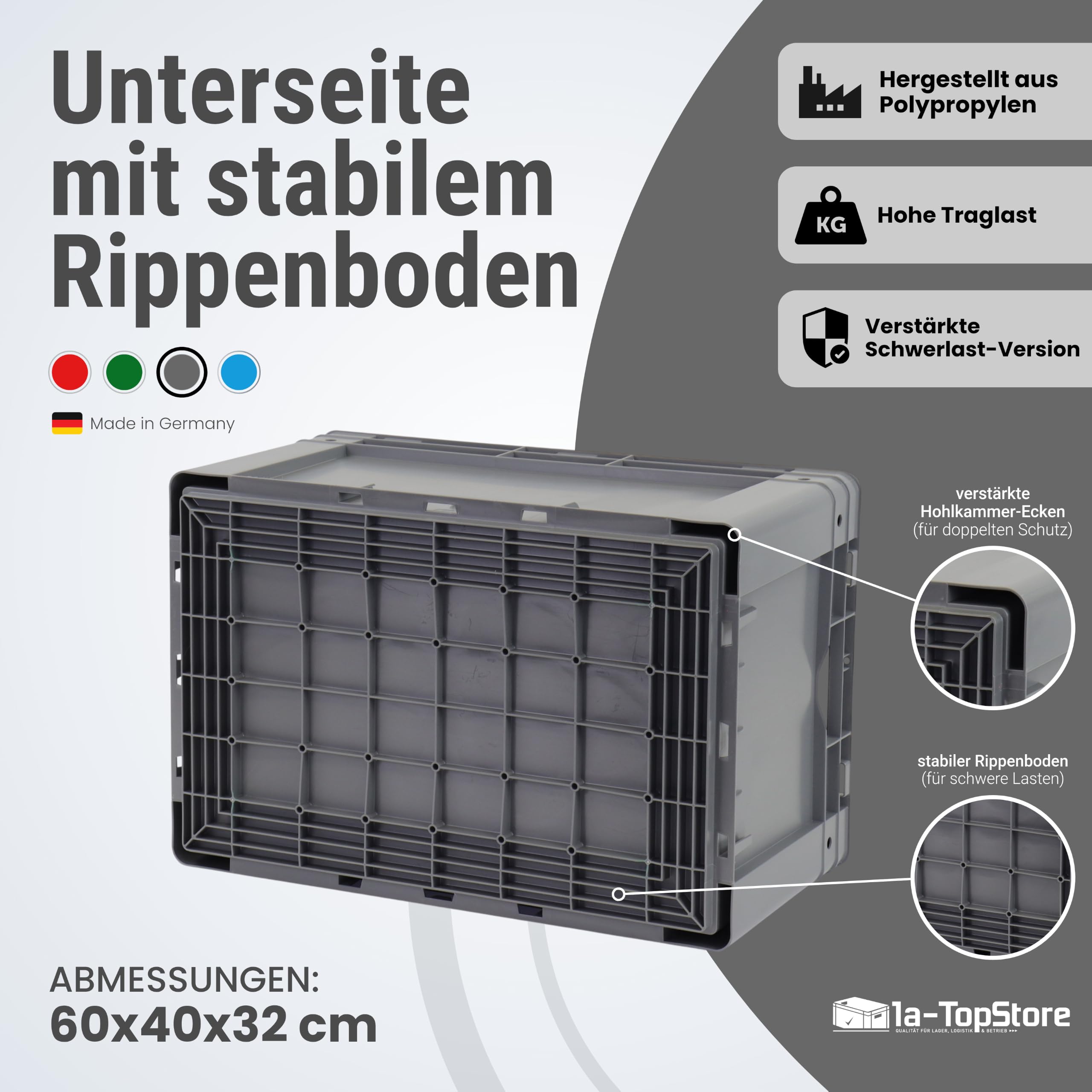 1a-TopStore Schwerlast Heavy-Duty Eurobox/Eurobehälter | massiver Rippenboden | stapelbar | mit Hohlkammerverstärkung | extrem hohe Traglast (grau, 60x40x32 cm)