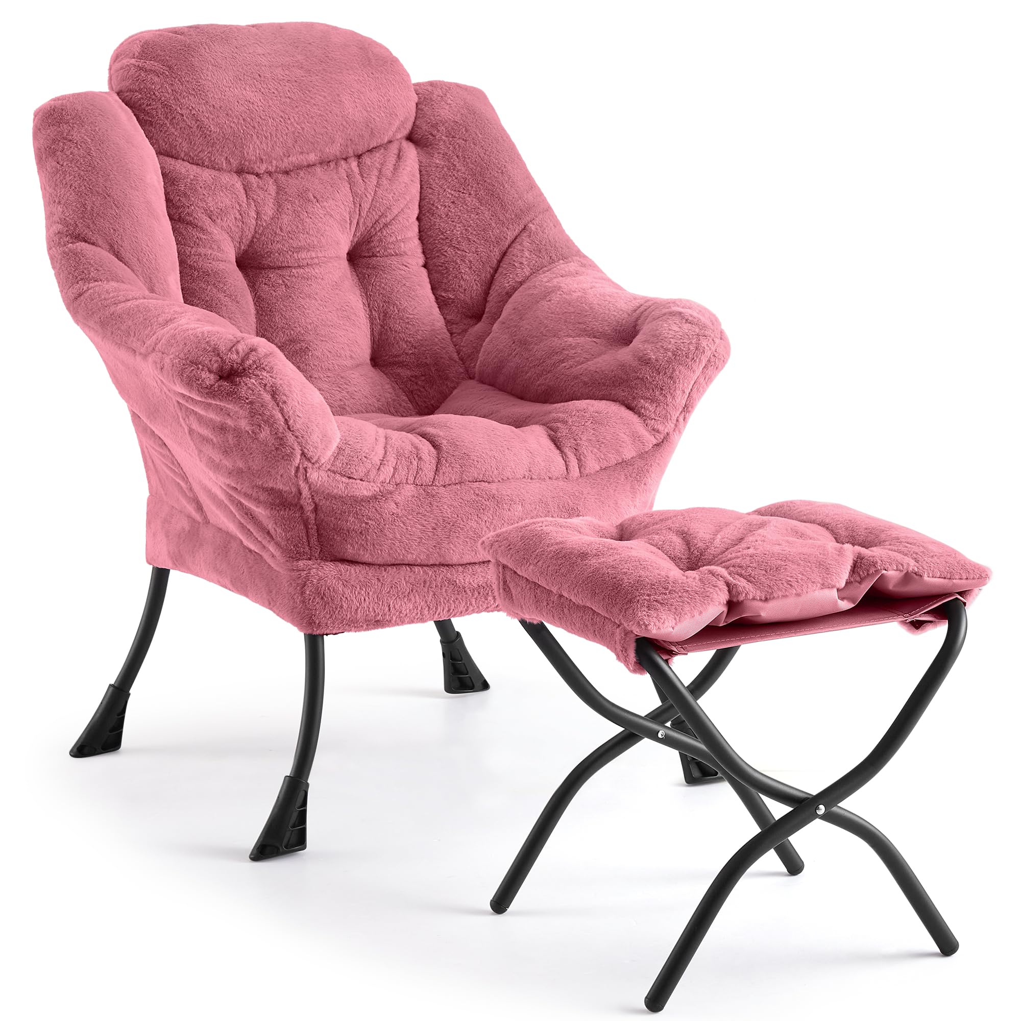 AffinityFurn Armchair Accent Chair Set with Footstool, Modern Lazy Lounge Reading Chair Set, 400LB Capacity, Adjustable Recliner, Removable Cushion, Side Pocket – Rabbit Fur, Magenta