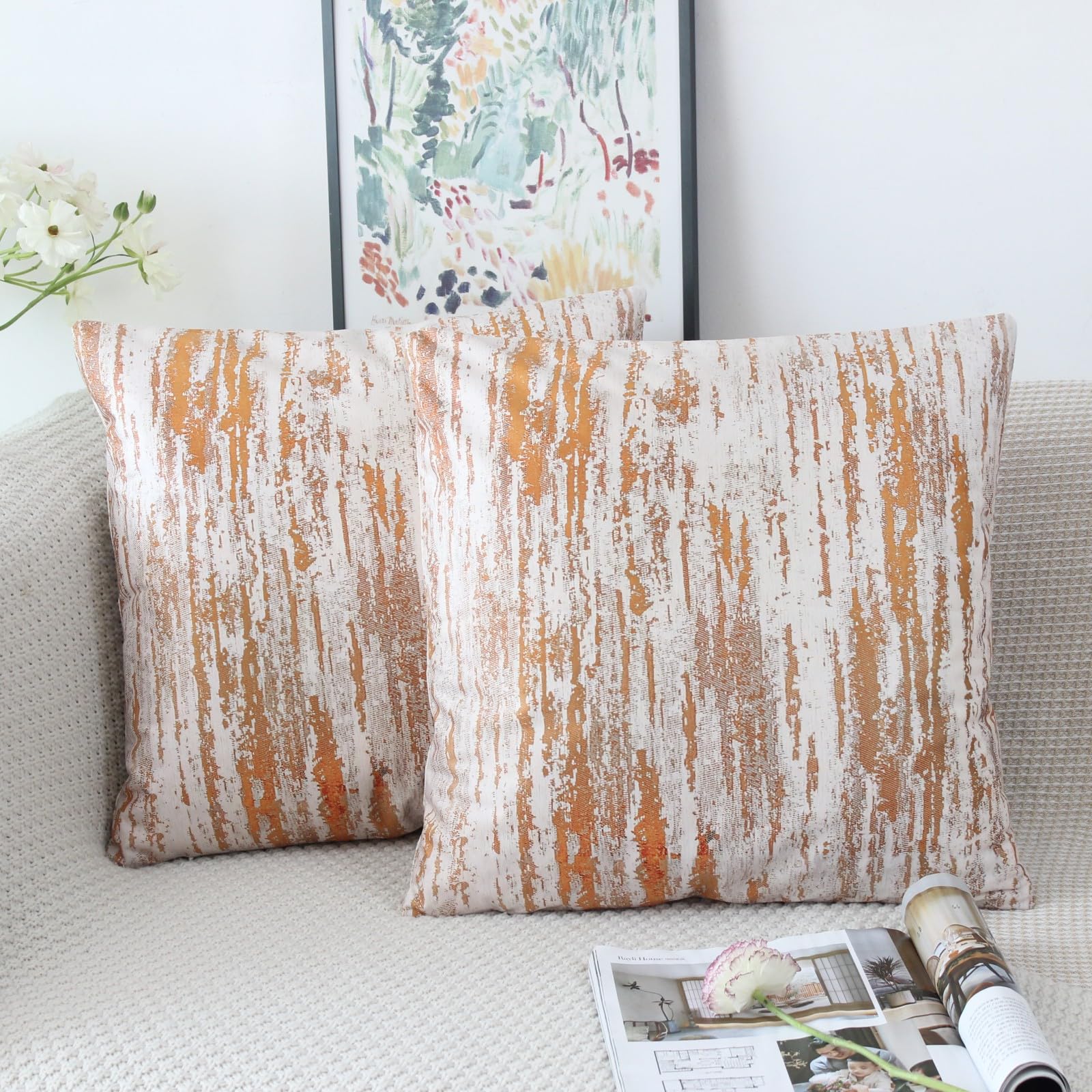 NIULAA Velvet Orange Cushion Covers 18x18 Double Sided Vintage Cushion Cover 45cm x 45cm Set of 2 Soft Neutral Abstract Pillow Cases 45 x 45 for Sofa Living Room Bedroom