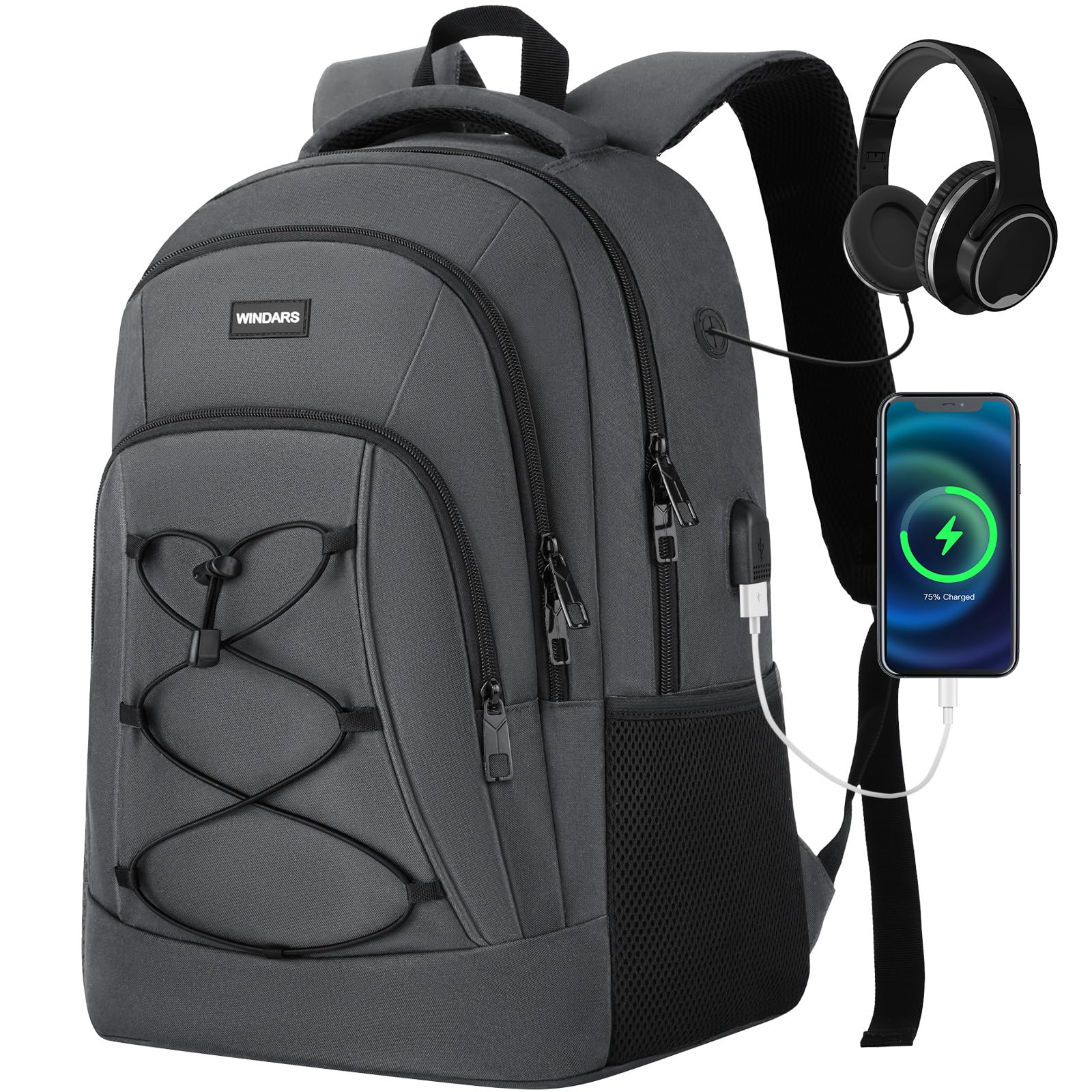 WINDARS Backpack for Men and Women, Casual School Backpacks for Teens Boys and Girls, Bungee Students Bookbag 15.6 inch Laptop Bag with USB Charger