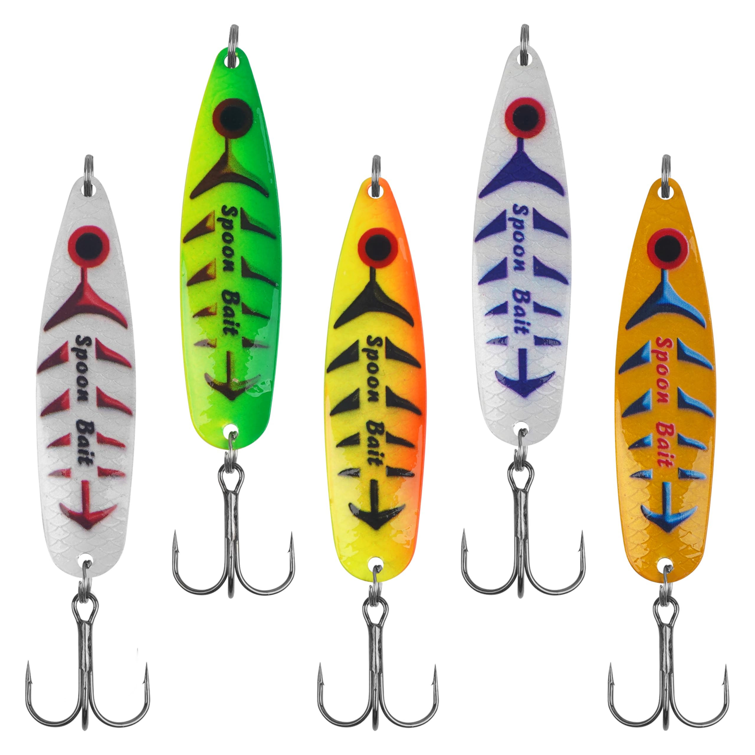 5pcs Trout Fishing Spoons Lures Kit, Colorful Casting Spoon Spinner Fishing Lures with Treble Hooks Metal Trolling Spoon Bait for Bass Trout Pike Walleye
