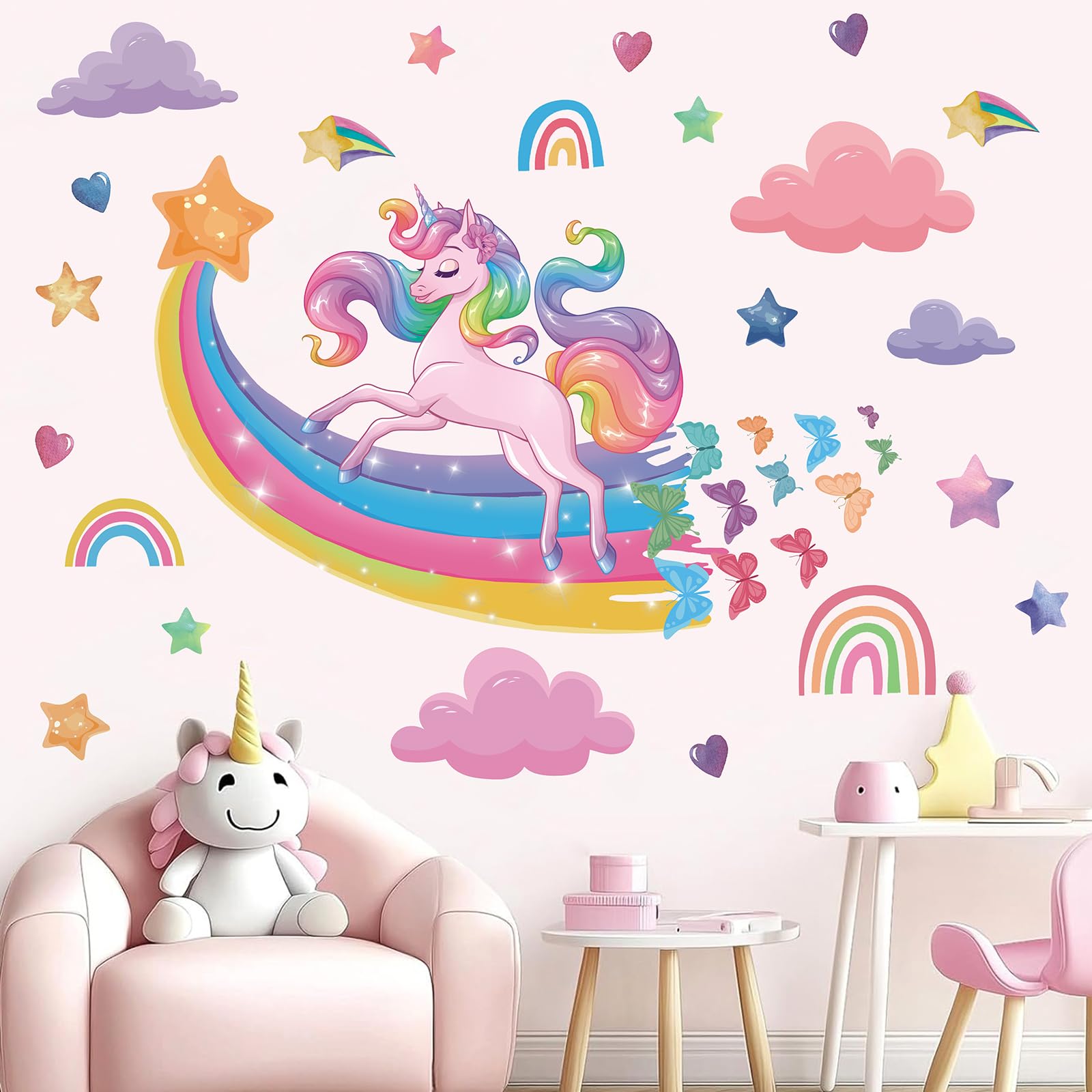 TOARTi Unicorn Rainbow Wall Decals Butterfly Stars Large Unicorn Wall Stickers Watercolor Cloud Butterflies Wall Art Stickers for Girls Bedroom Kids Room Baby Nursery Living Room โ image 1