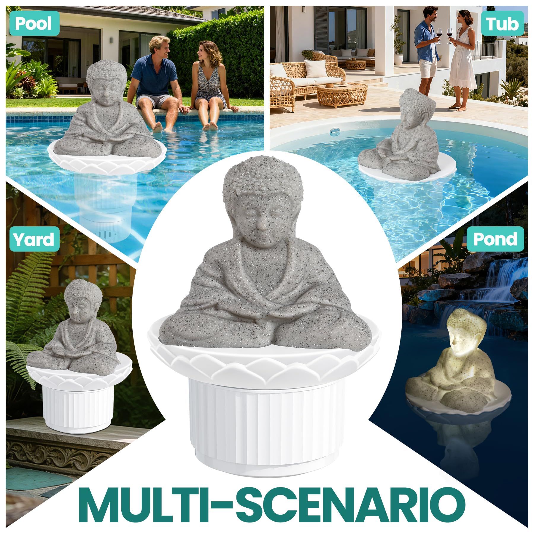 PRAXXIS Galleggiante solare per cloro, statua di Buddha galleggiante per cloro con luce solare, dispenser di cloro galleggiante regolabile per piscina, galleggiante per cloro pieghevole, galleggiante