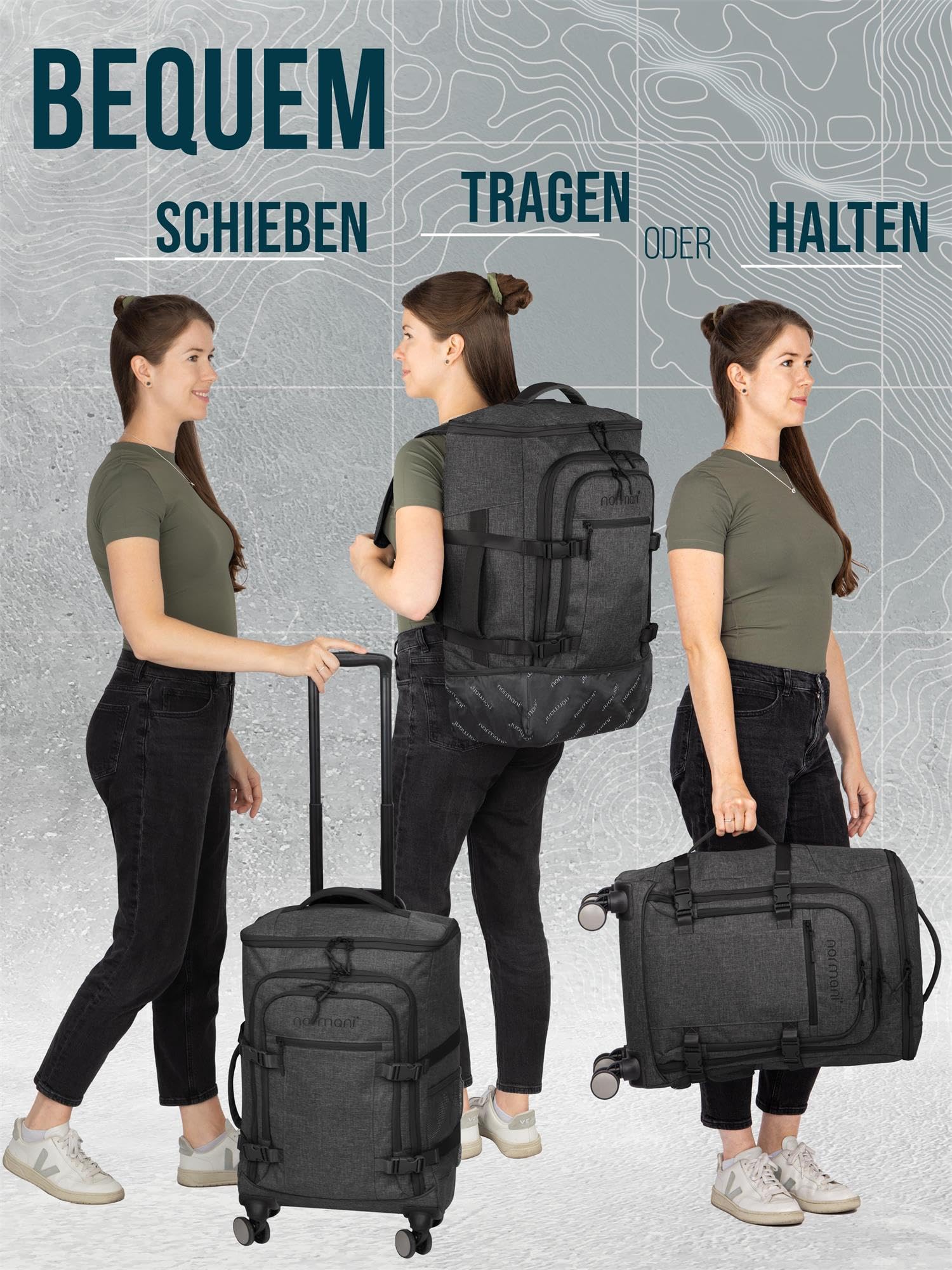 normani Handgepäck 4-Rad Reisetaschen-Rucksack 38 Liter Reiserucksack mit Trolleyfunktion mit Frontloader und Laptopfach