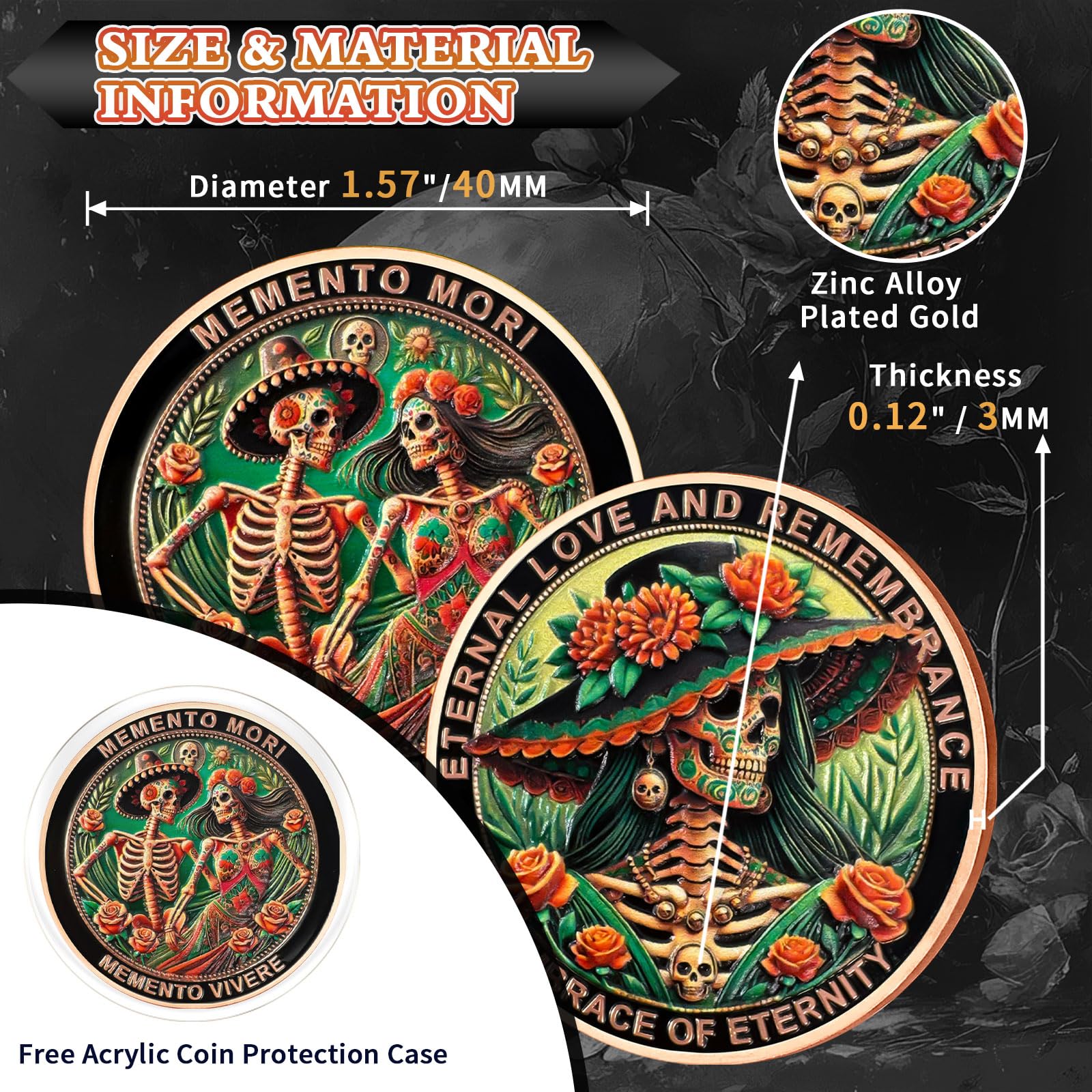 Mexican Women and Men Memento Mori Coin Mexican Style Skull Coin 3D Skull Cion Cool Stoic Coins Day of the Dead Challenge Coin EDC Medallion Reminder Token Daily Stoic Gifts For Men Women - Image 4
