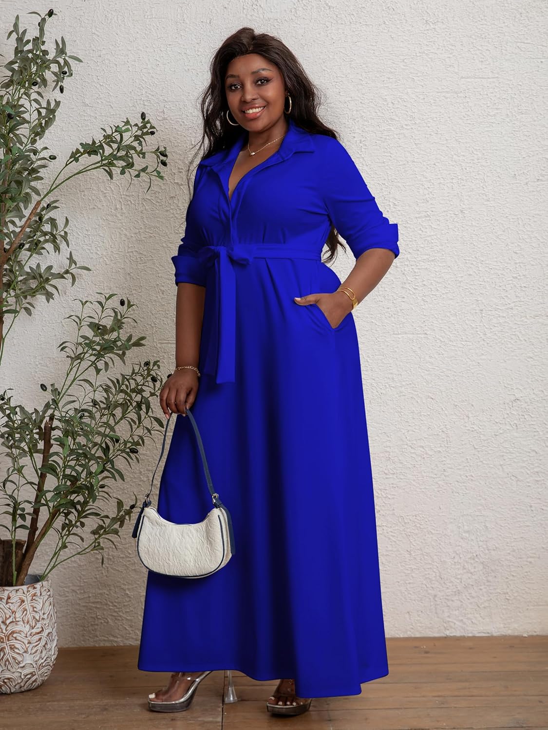 Plus Size Dresses for Curvy Women Stretchy Shirt Dress with Belt Pockets - Image 4