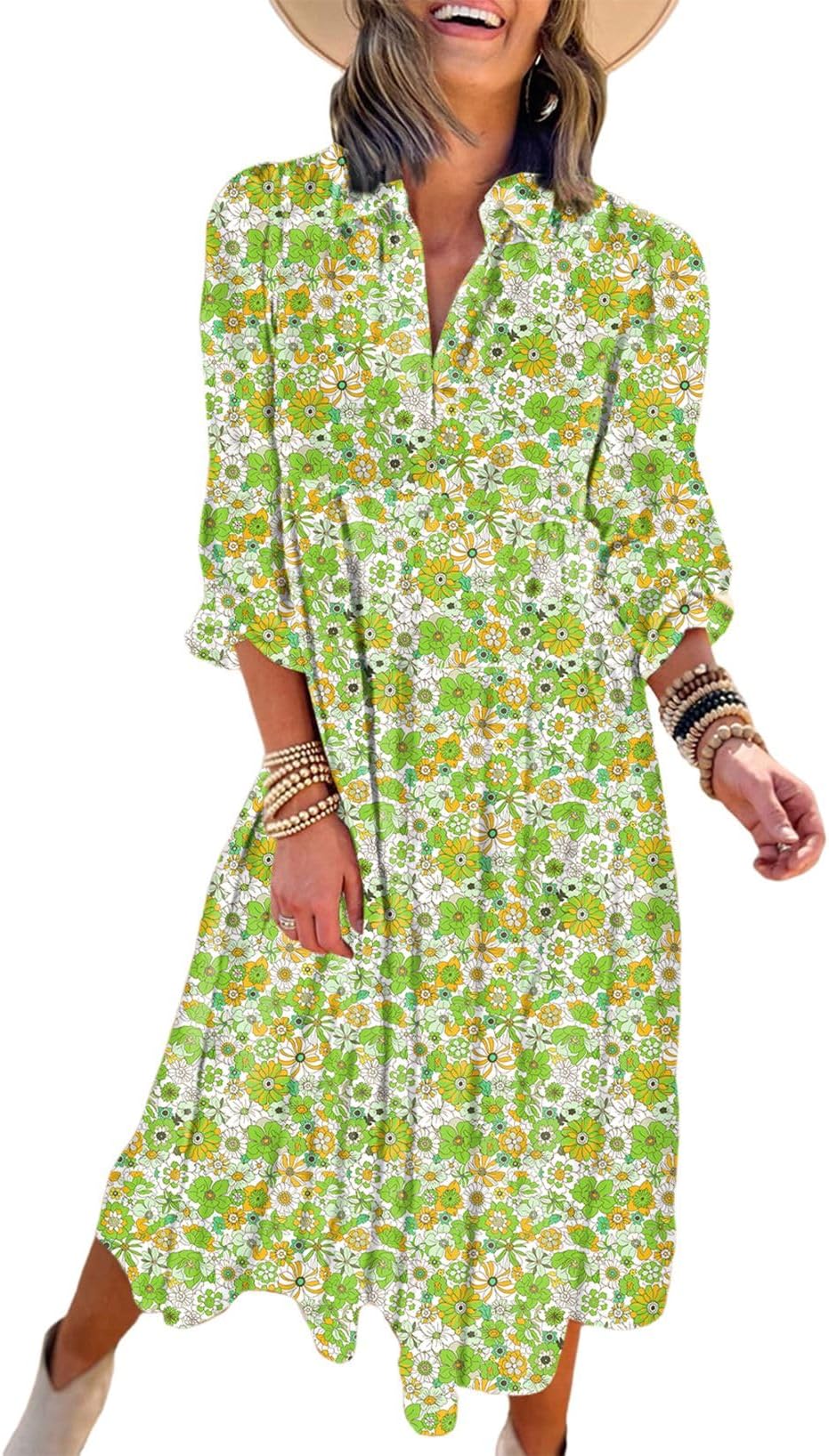 DokotooWomen's Casual Loose Bohemian Floral Dresses 2025 Long Puff Sleeve V Neck Ruffle A Line Flowy Summer Beach Dress