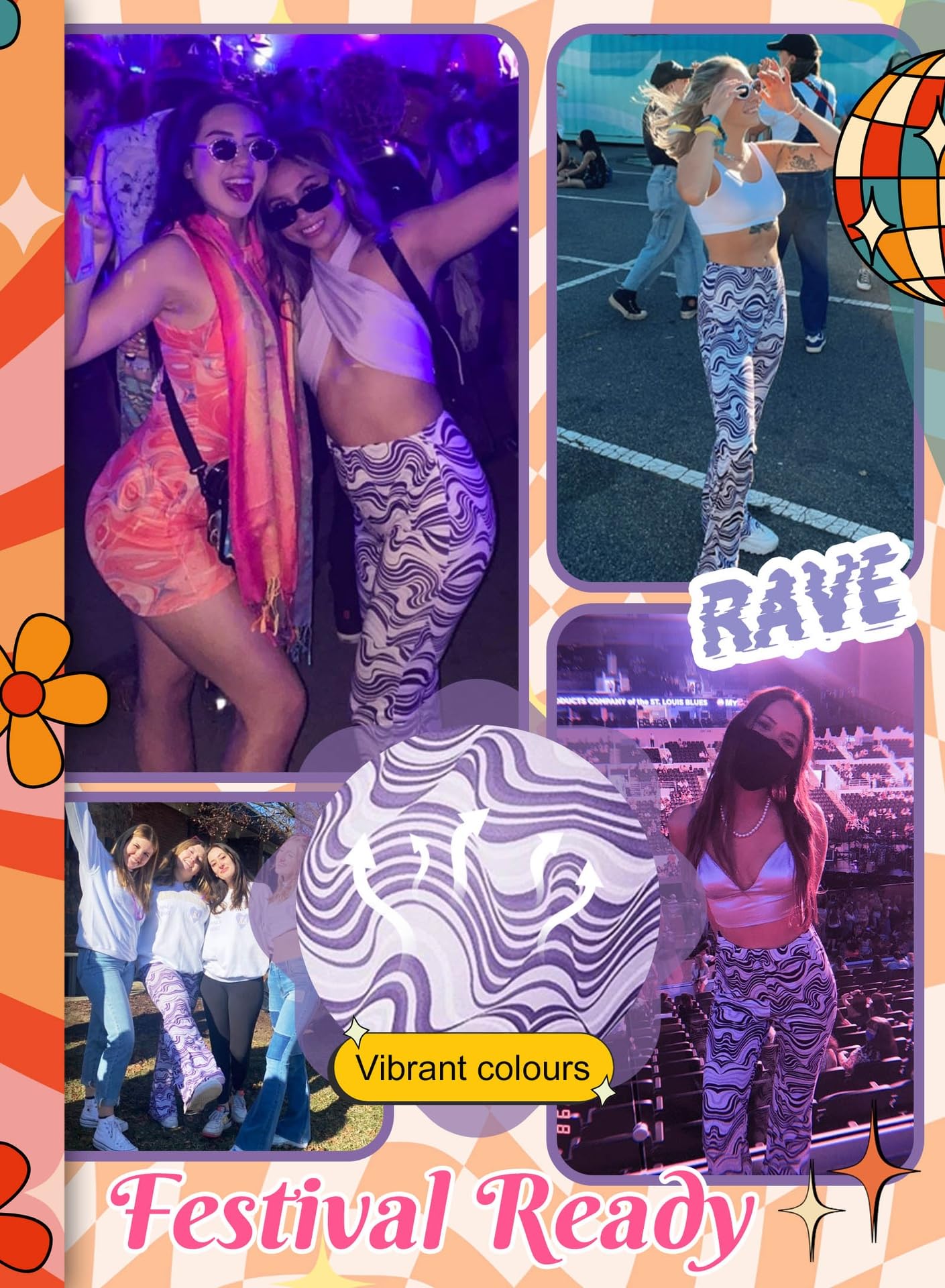 EVELUST Festival Flare Hosen Für Damen - 70er Jahre Outfit Hippie Kleidung Flower High Waist Breite Bein Flair Leggings Rave Disco Kostüm Palazzo Schlaghose Sommer Bell Bottom