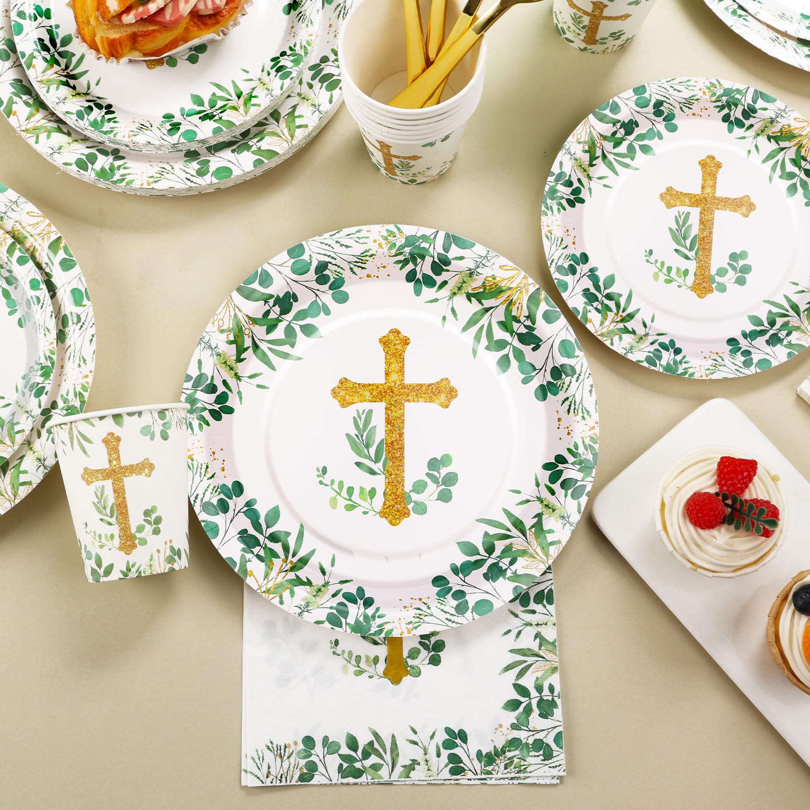 175 PCS Baptism Plates and Napkins Party Supplies - Baptism Decorations for Boys - God Bless Disposable Paper Plate First Communion Plates for Christening Baby Shower Party Decorations