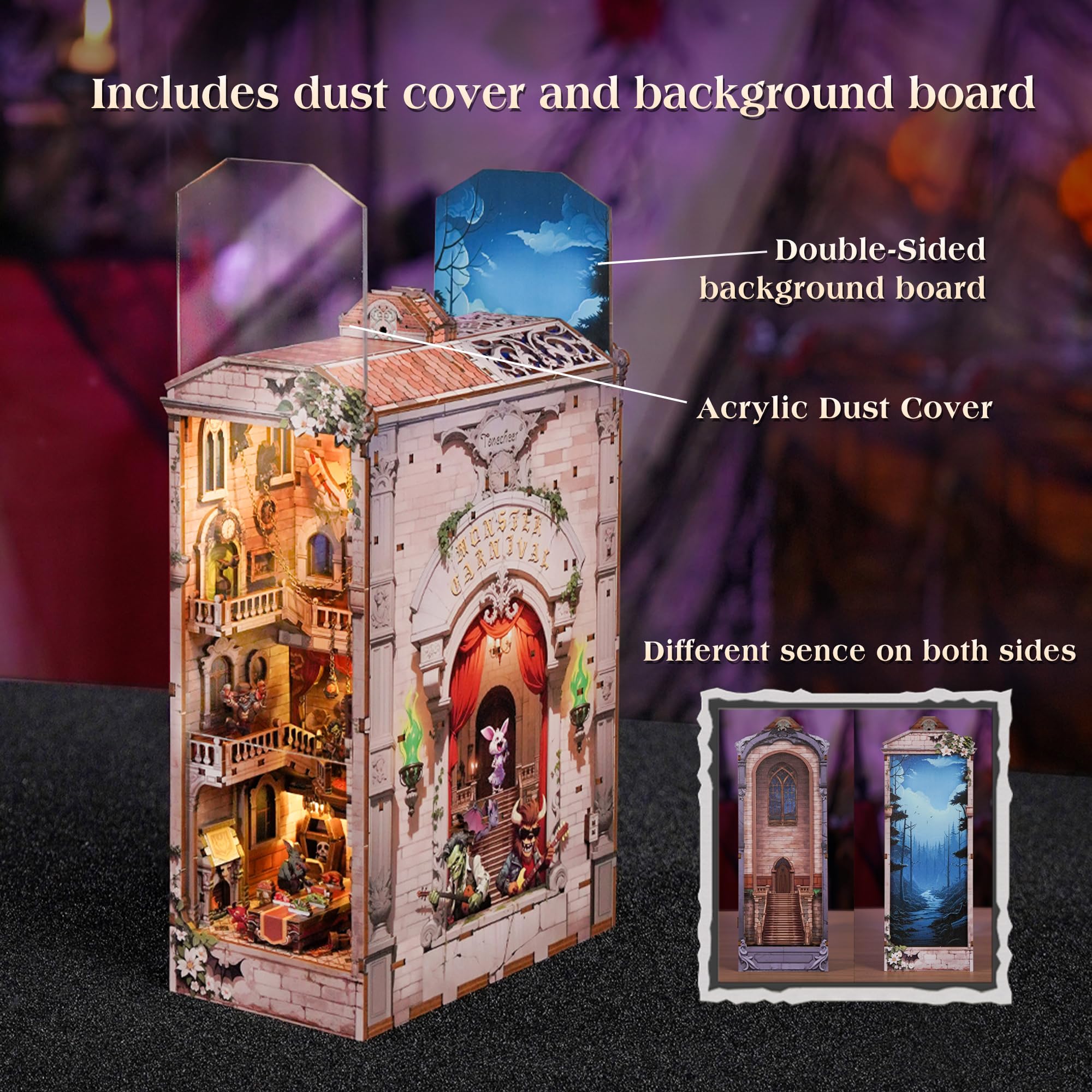 Tonecheer Book Nook Kit 3D, drewniane puzzle DIY, model dla dorosłych, miniaturowy dom ze światłem, uroczy prezent (karnawał potwora)