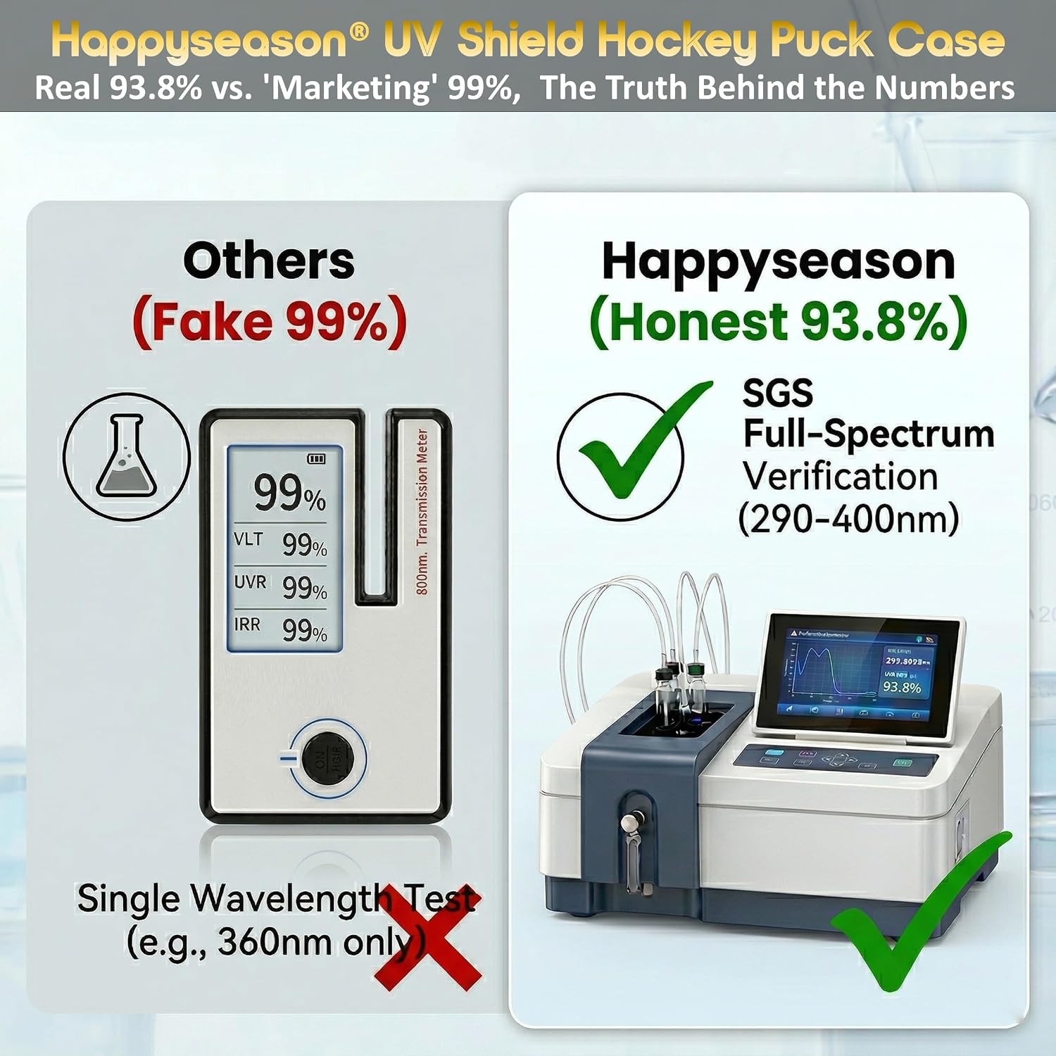 Happyseason Hockey Puck Display Case Black Walnut, 93.8% UV Protection (290–400nm Full Spectrum) Tested by SGS, Solid Acrylic Cradle Stand, Holder for Single Autographed Puck, Black & Gold Gift Box