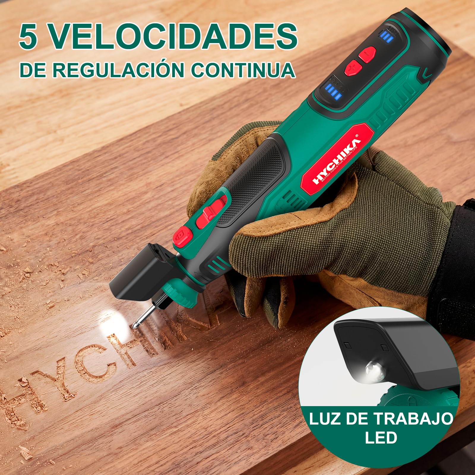 HYCHIKA Herramienta rotativa inalámbrica 8V 2,0Ah batería más grande, 5 velocidades max 30000 RPM, kit 145 accesorios con afilador de cadenas y luz LED, para lijado, pulido, corte, taladrado, grabado