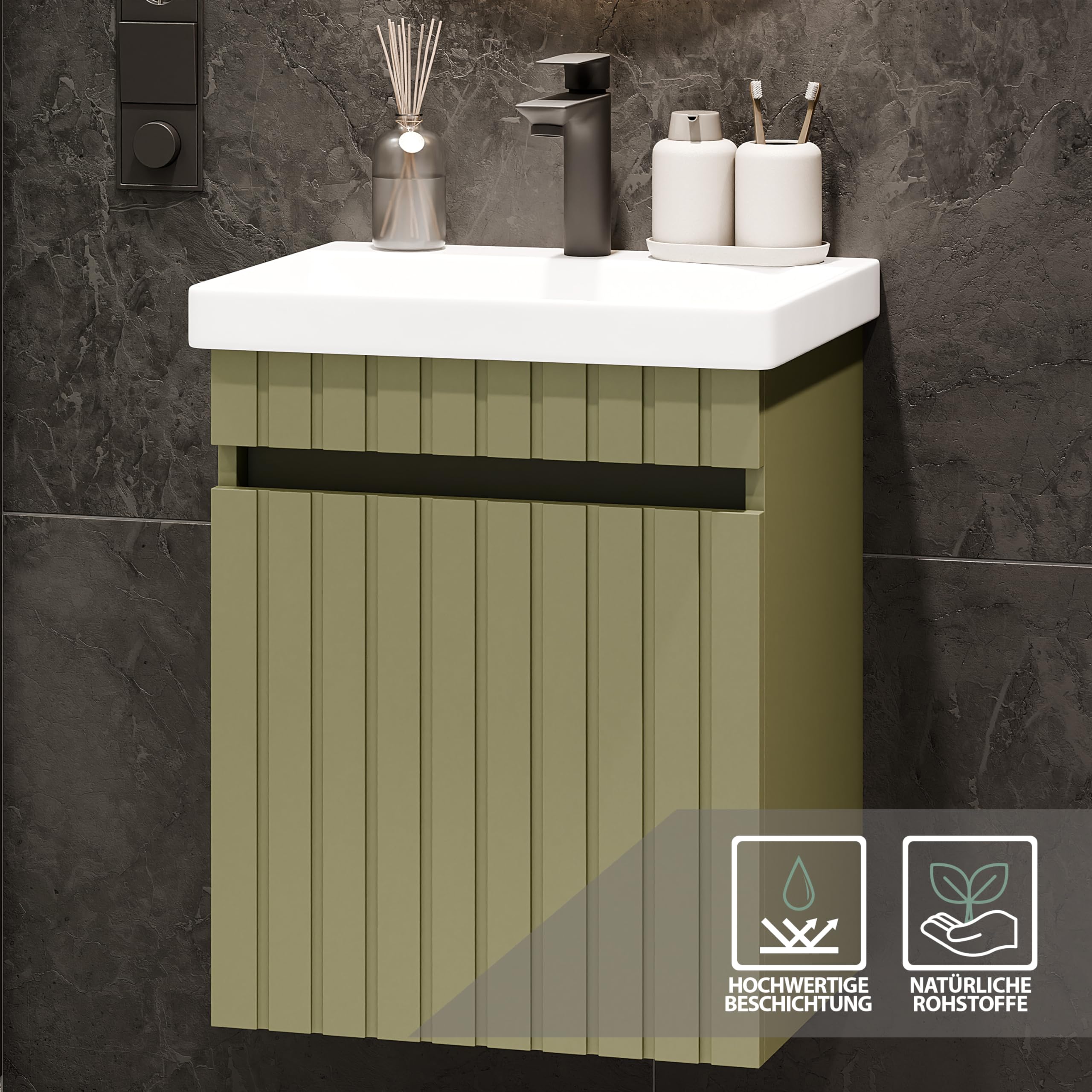 Planetmöbel Cosmia - Set de muebles de baño con lavabo y armario bajo 50 x 60 x 35 cm, color verde menta, grifo de baño negro, lavabo de cerámica con puerta