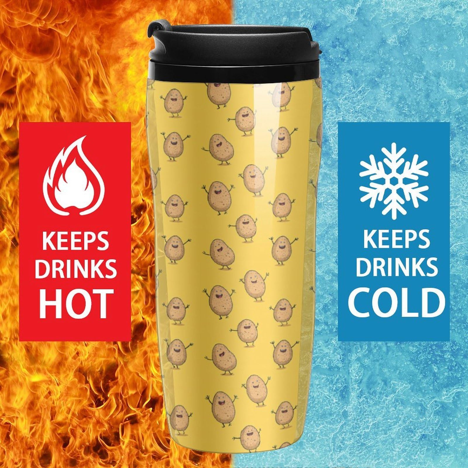 Tasse à café de voyage, isotherme réutilisable pour l'extérieur, motif pommes de terre mignonnes, parfaite pour les boissons chaudes ou froides, écologique et durable