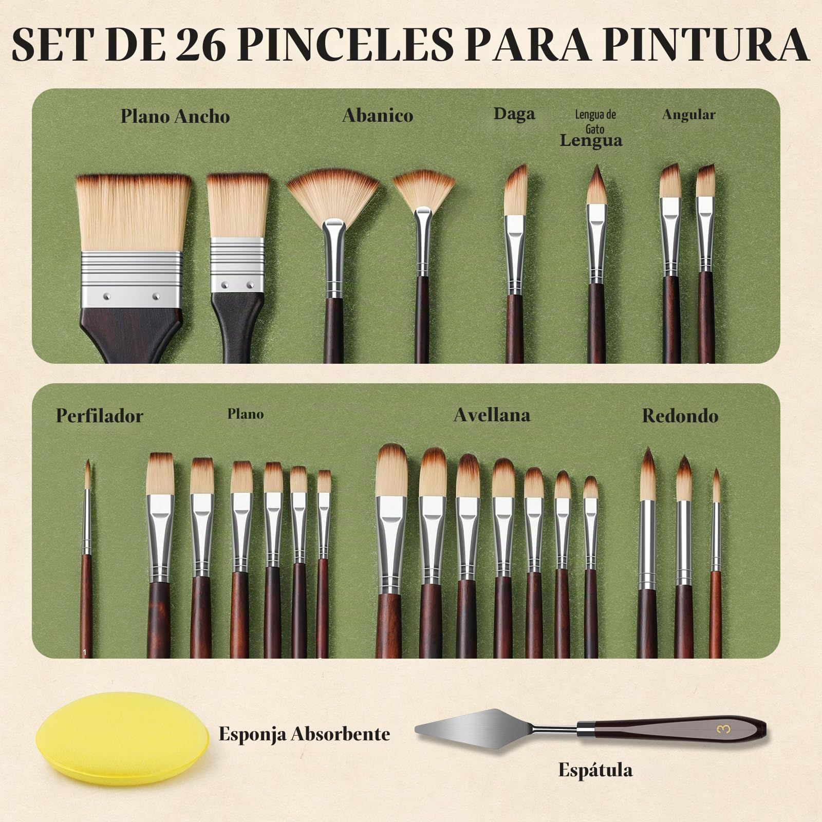 26 Piezas Juego de Pinceles para Pintar, Pinceles Pintura Acrilica con Estuche Soporte, Pinceles Profesionales para Acuarela, Óleo y Manualidades, Kit de Pincel Abanico y Espátula para Artistas