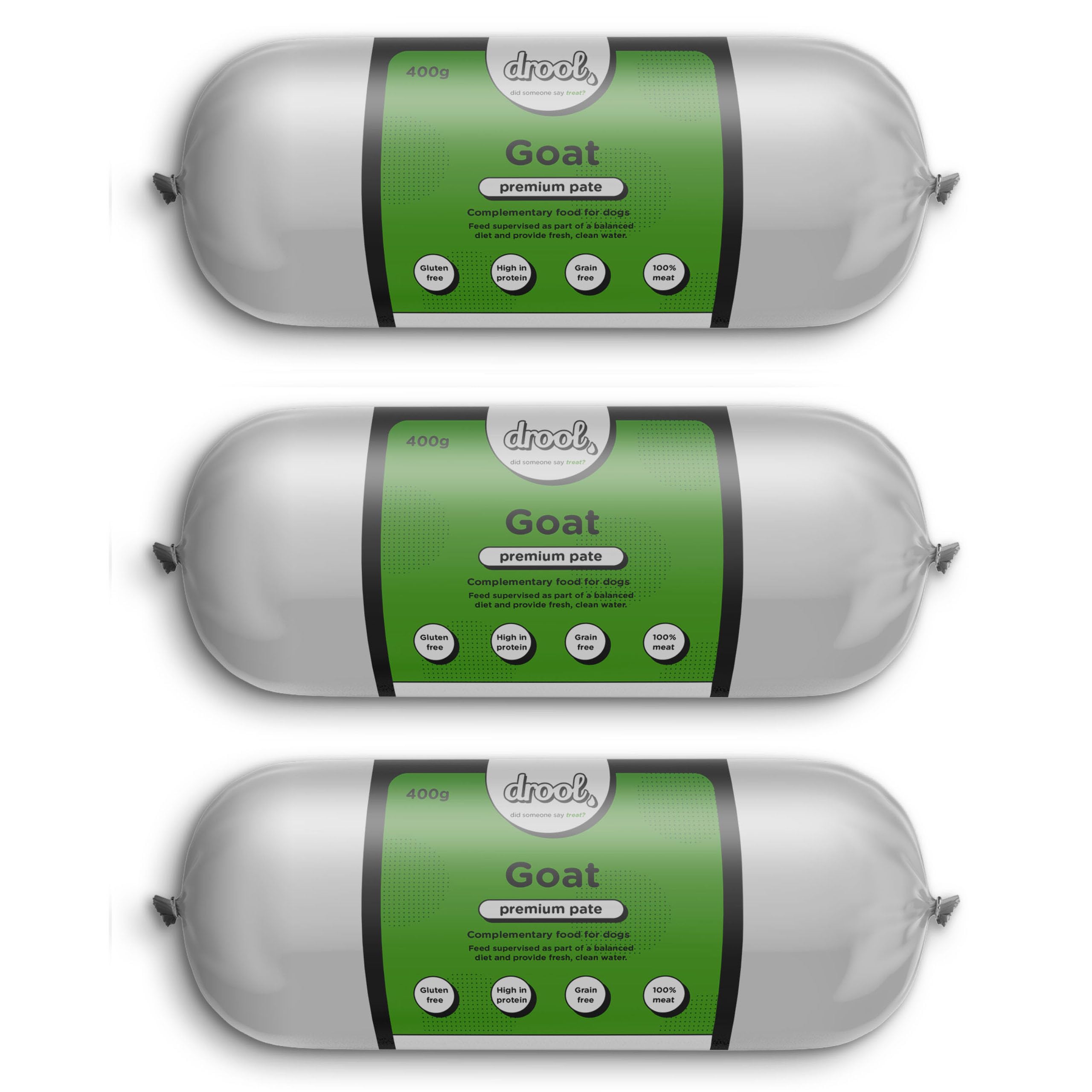 Drool Pet Products | Premium 3 x Goat Dog Pate Tube Roll | Grain-Free High Protein Dog Food | Triple Pack 3 x 400g