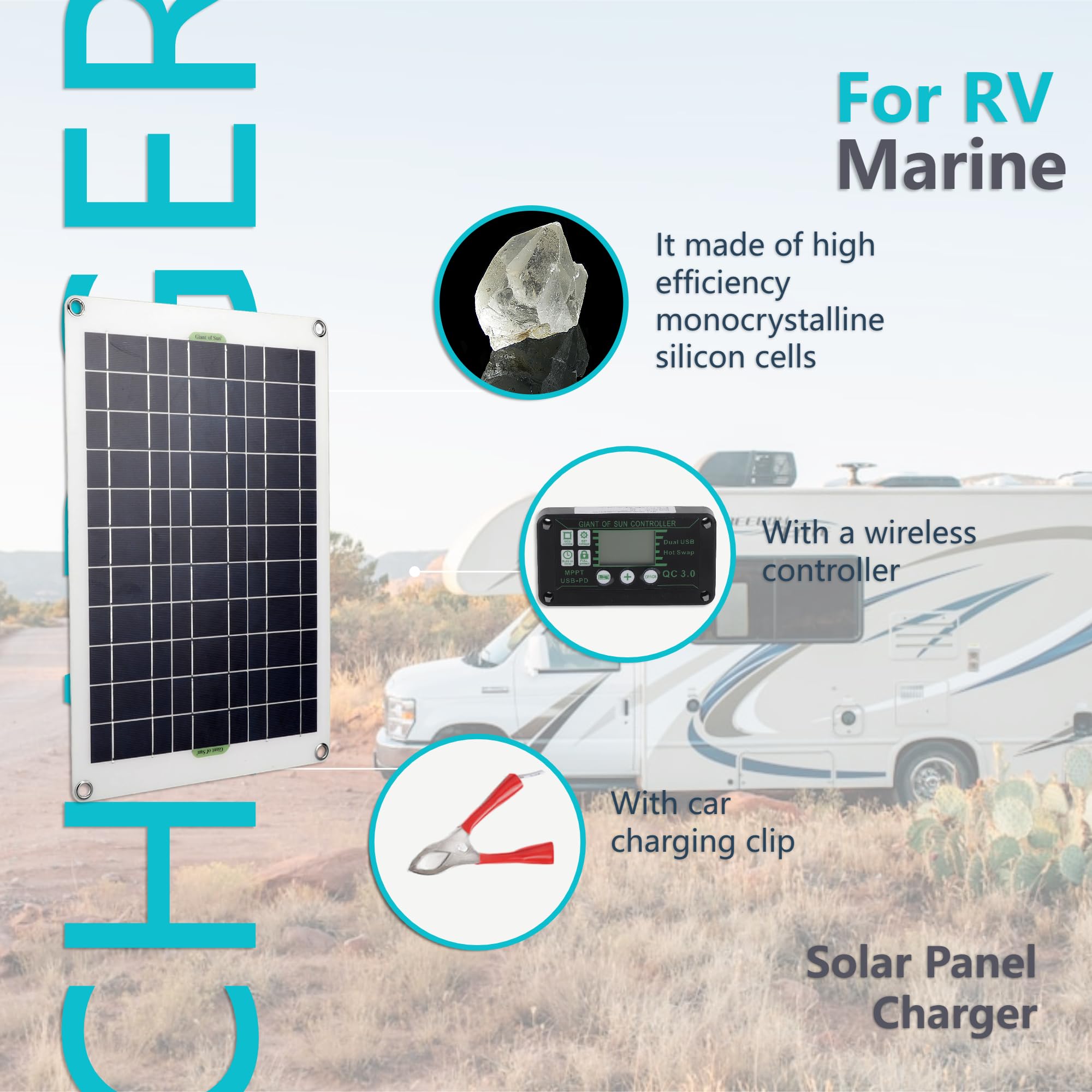 Kit de panel solar de 50 W y 12 V, cargador de batería solar, silicio monocristalino, controlador de carga de 30 A, kit de panel solar para RV, barco, motocicleta