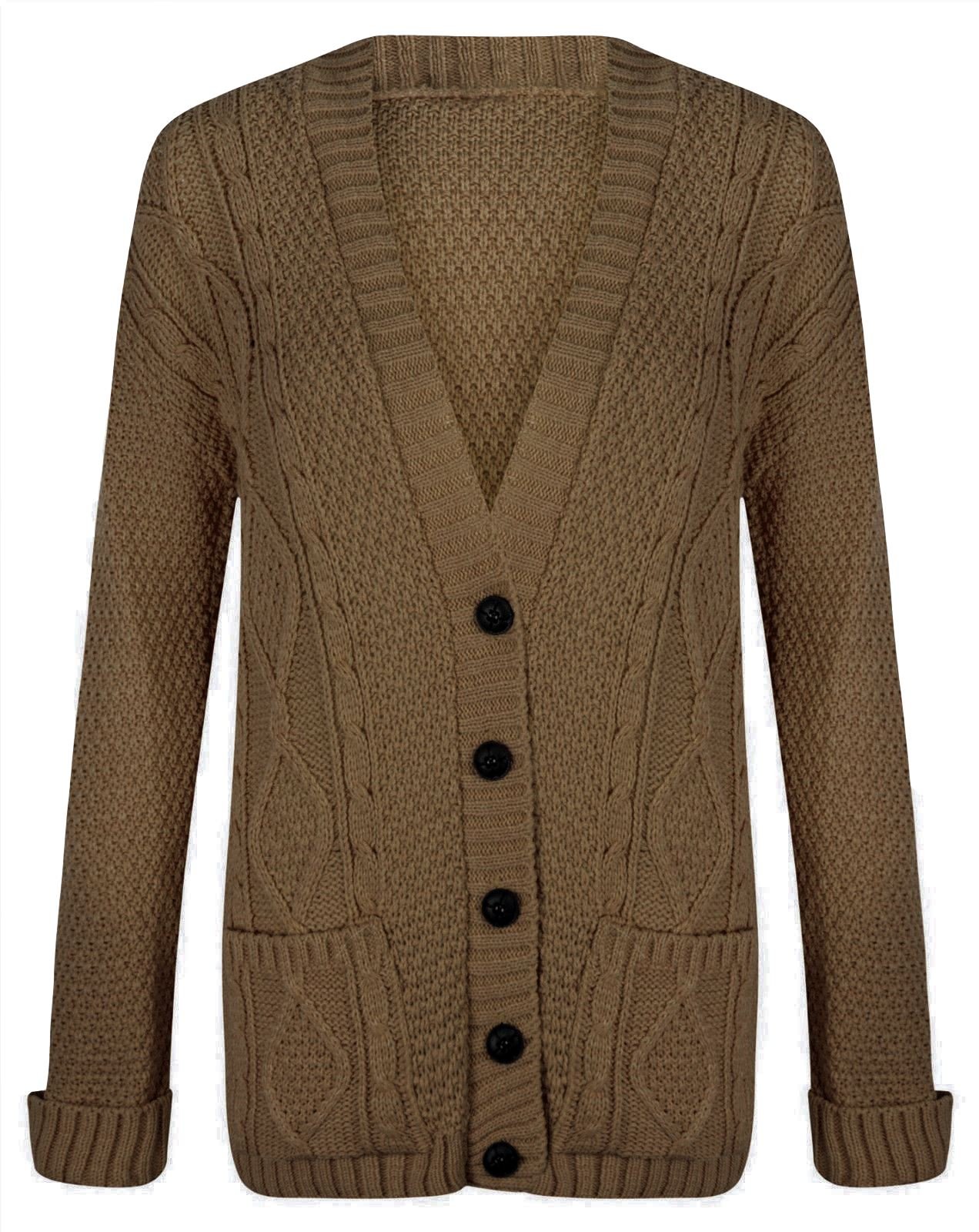 Hamishkane® Ladies Long Sleeve Cardigans, Womens Chunky Knit Jumpers, Warm Cable Knitwear Women, V-Neck Cardigans for Women UK, Grandad Winter Long Cardigan with Buttons Mocha