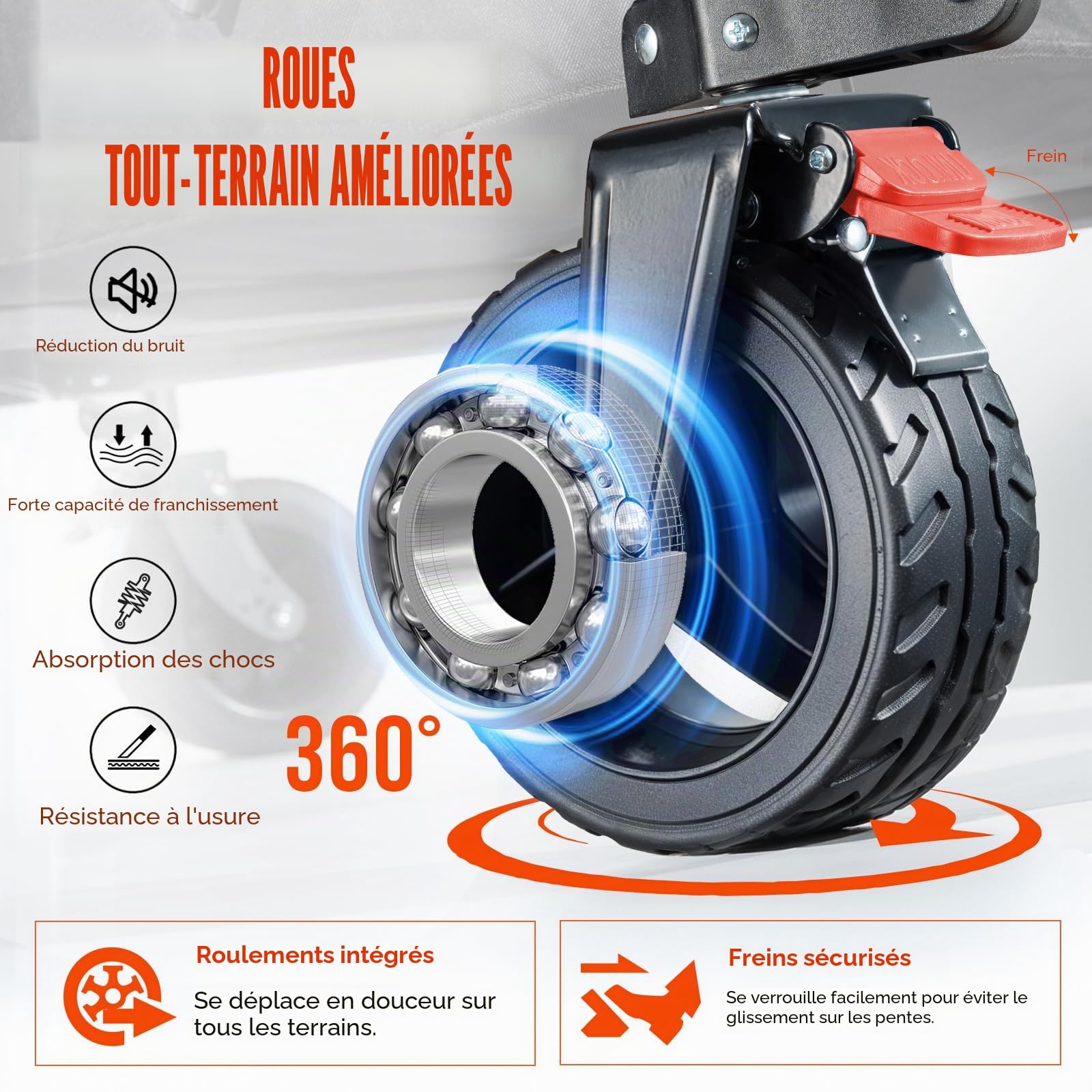 Overmont Chariot à Main Pliable avec Frein de Roue Avant Amovible - Roues Larges - Poche latérale - Porte-gobelet - Poignée réglable - Capacité : 150 I - Capacité de Charge jusqu'à 120 kg
