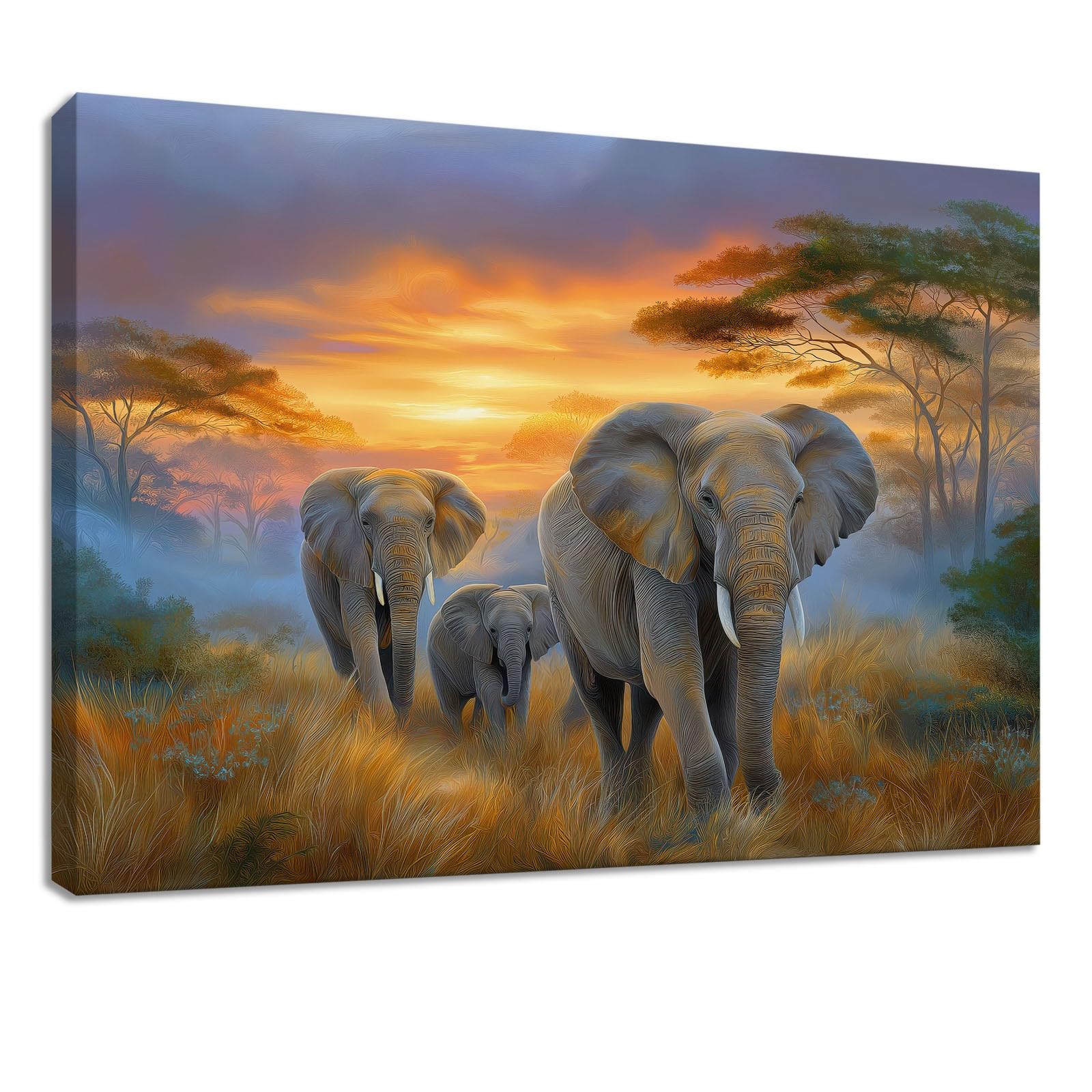 Obraz ścienny zwierzęta, obraz na płótnie - ściana na płótnie 100 x 70 cm, wydruk na płótnie ze słoniem, zachód słońca, akacja, oprawiona sztuka ścienna do salonu i sypialni, dekoracja ścienna