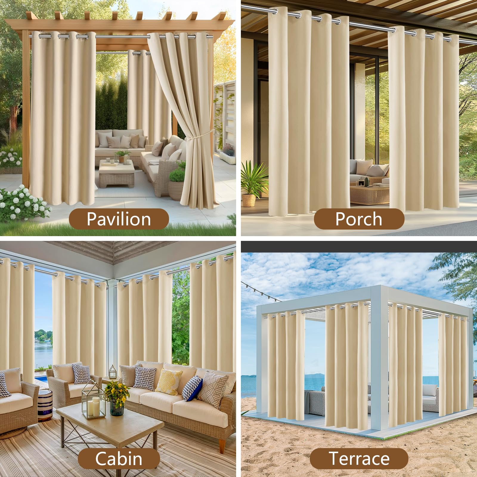 Outdoor Vorhang Wetterfest, 2er Stück Set Outdoor Vorhänge Wasserdicht mit Ösen Oben, Sonnenschutz Sichtschutz outdoorvorhänge für GardinenTerrasse Balkon Pavillon pergola(132 * 215cm, Beige)