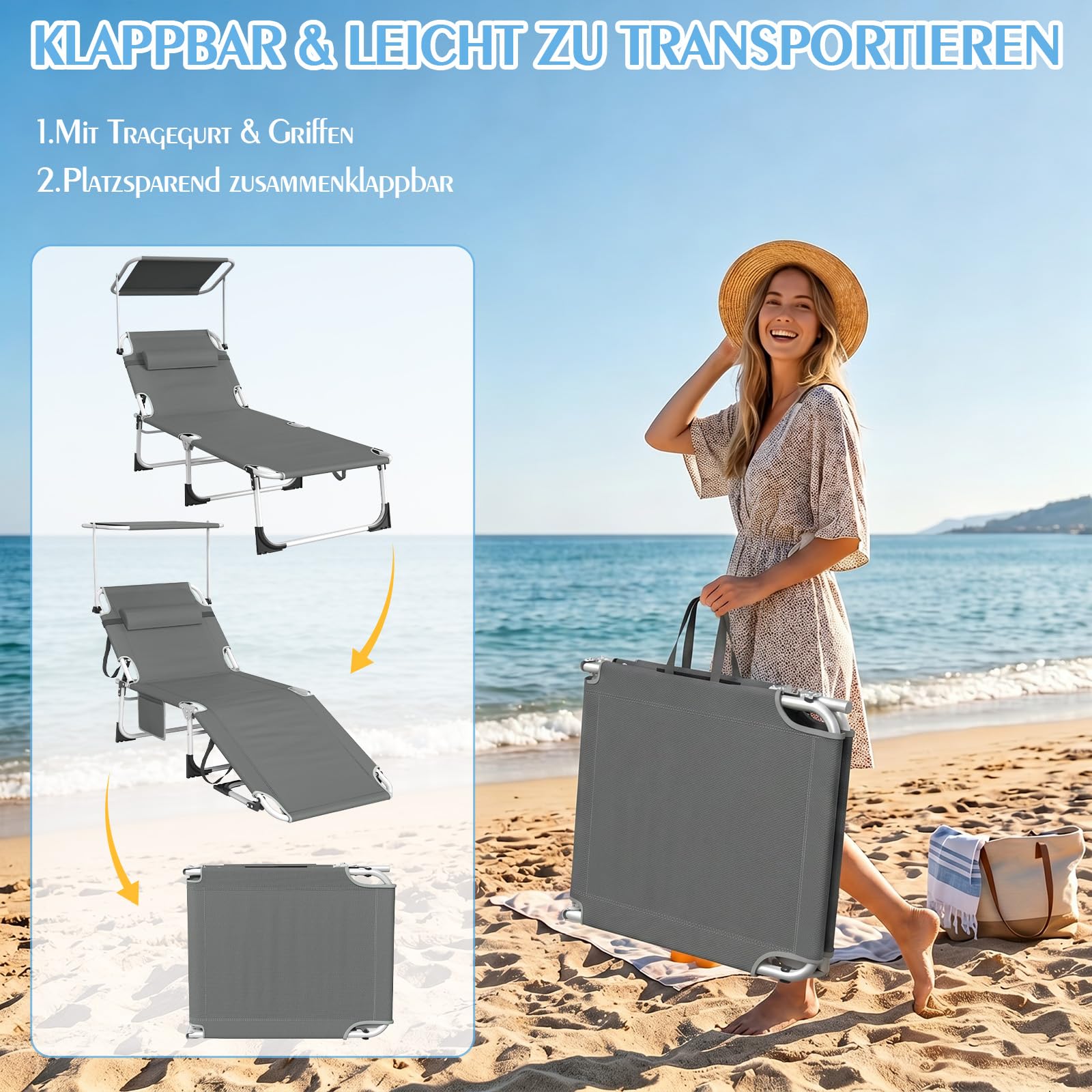 Ferghana Sonnenliege,Liegestuhl Klappbar mit Dach, 194x67.5x29cm,Anthrazit | Gartenliege mit Verstellbare Rückenlehne,Kopfkissen,Seitentasche，Tragegriff,bis 180 Kg Belastbar,Strandliege für Garten,Pool