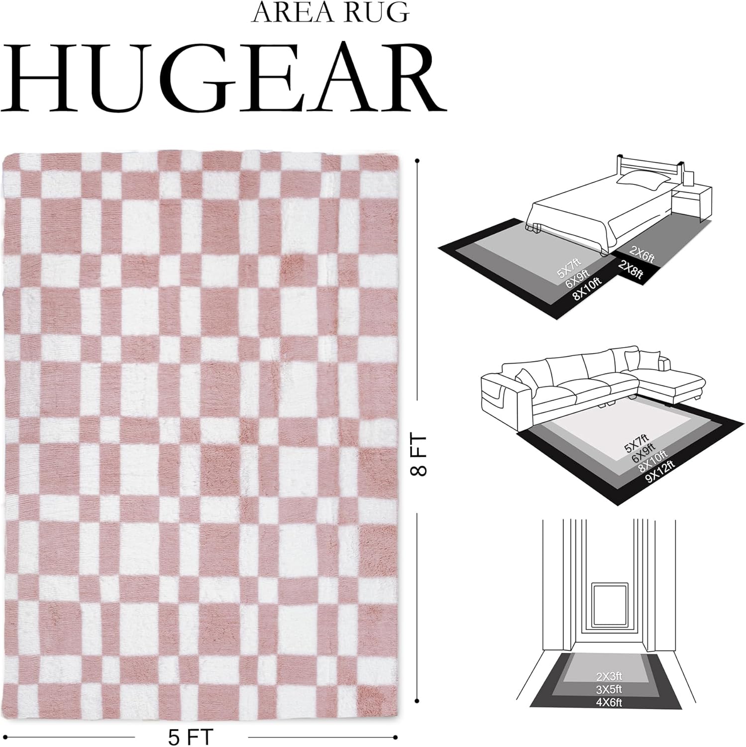 HUGEAR 5x8 Checkered Rug Pink and White Living Room Modern Shag Rug Super Soft Washable Indoor Fuzzy Carpet Fluffy Vacuumable Area Rugs for Bedroom Home Decor Non Slip