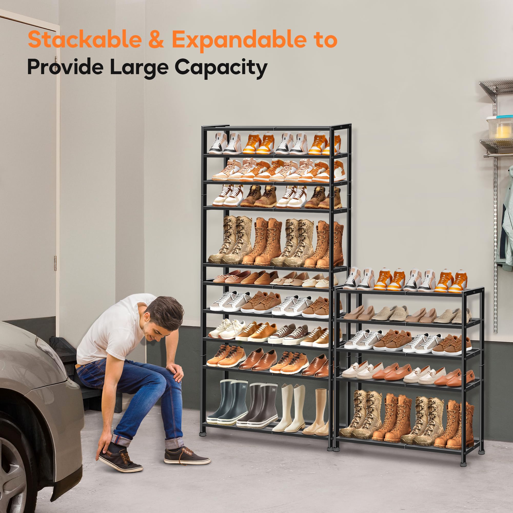 Zapatero resistente de 5 niveles para entrada de garaje, organizador de zapatos apilable para 25 pares de botas de hombre, zapatero para armario, estante de almacenamiento de zapatos de metal, 3