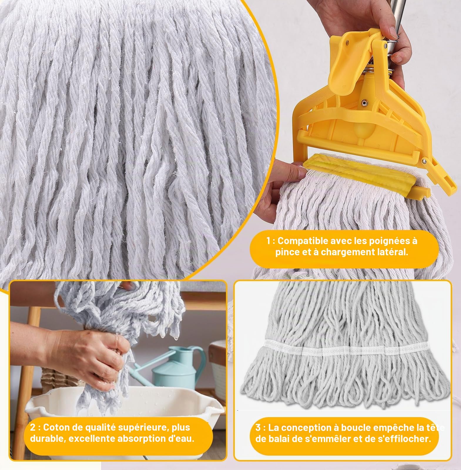 Balai à Franges Industriel Commercial avec poignée de 154,9 cm, serpillère Robuste pour Nettoyage de Sol, Balai Humide avec Longue poignée réglable en Acier Inoxydable pour la Maison, Le Garage, Le