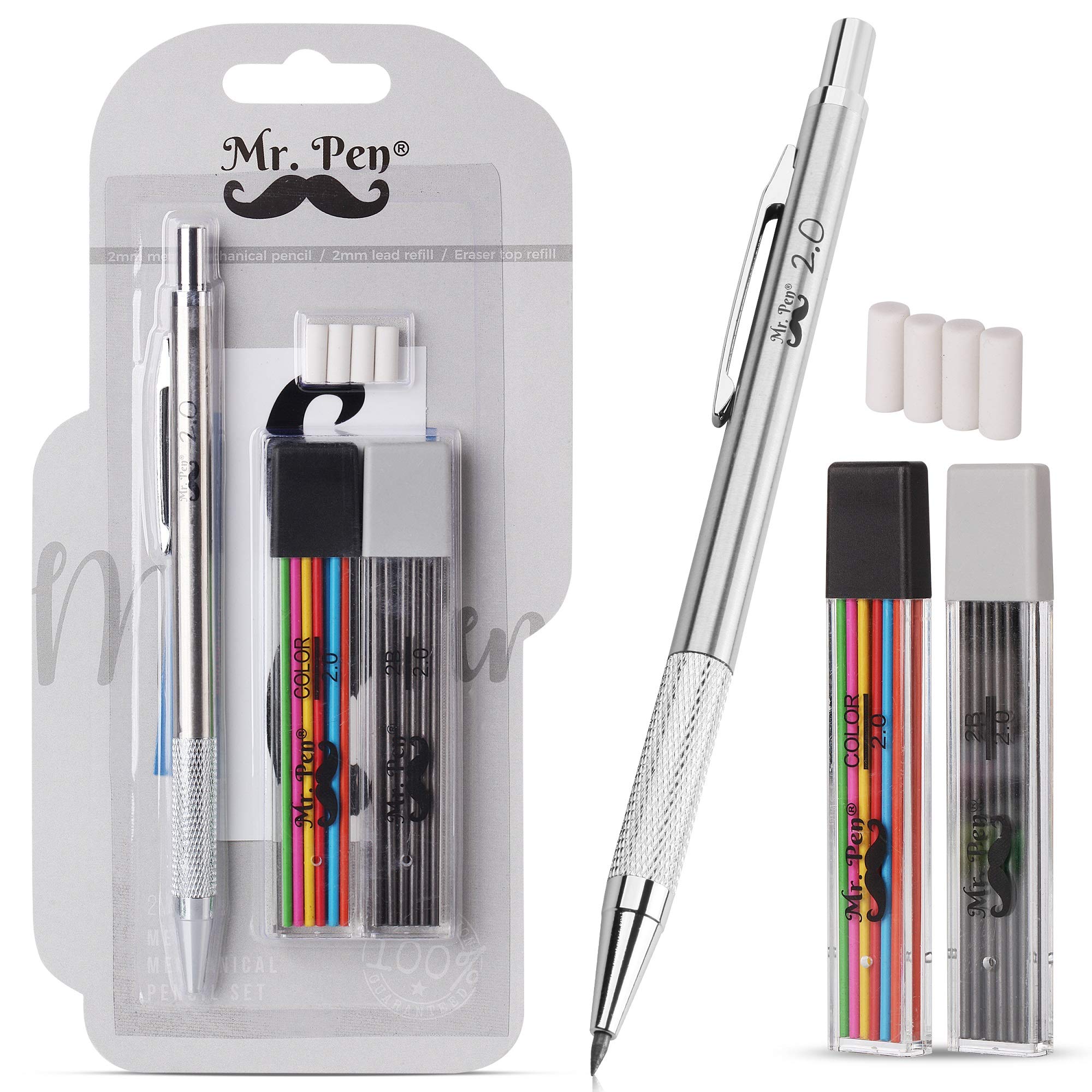 Mr. Pen Mechanical Pencil 2mm, 1 Metal Mechanical Pencil with 2 Pack