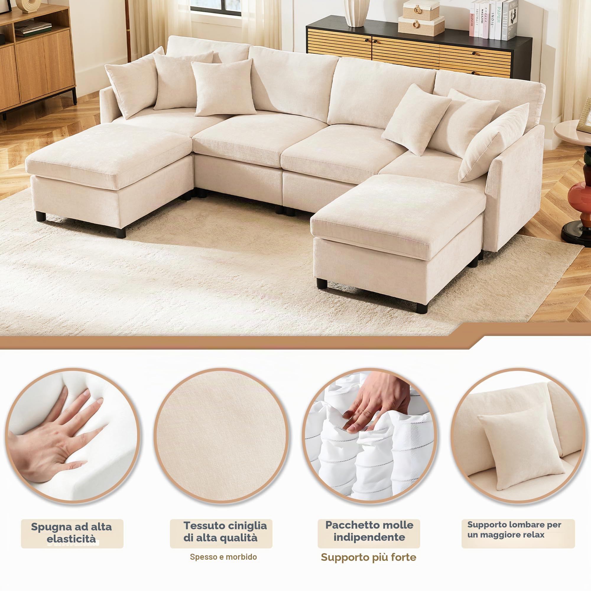 Divano Modulare in Chenille, Divano ad Angolo Convertibile a U o L, Divano 4-6 Posti con 2 Pouf e 6 Cuscini, Seduta Profonda con Molle Insacchettate, Divano Moderno per Soggiorno, Beige