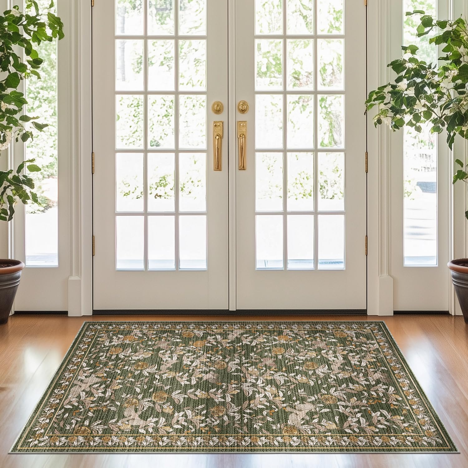 jinchan Eden Floral Washable Area Rug 3x5 Entryway Rug Vintage Lightweight Soft Non-Slip Indoor Low Pile Distressed Green Carpet for Living Room