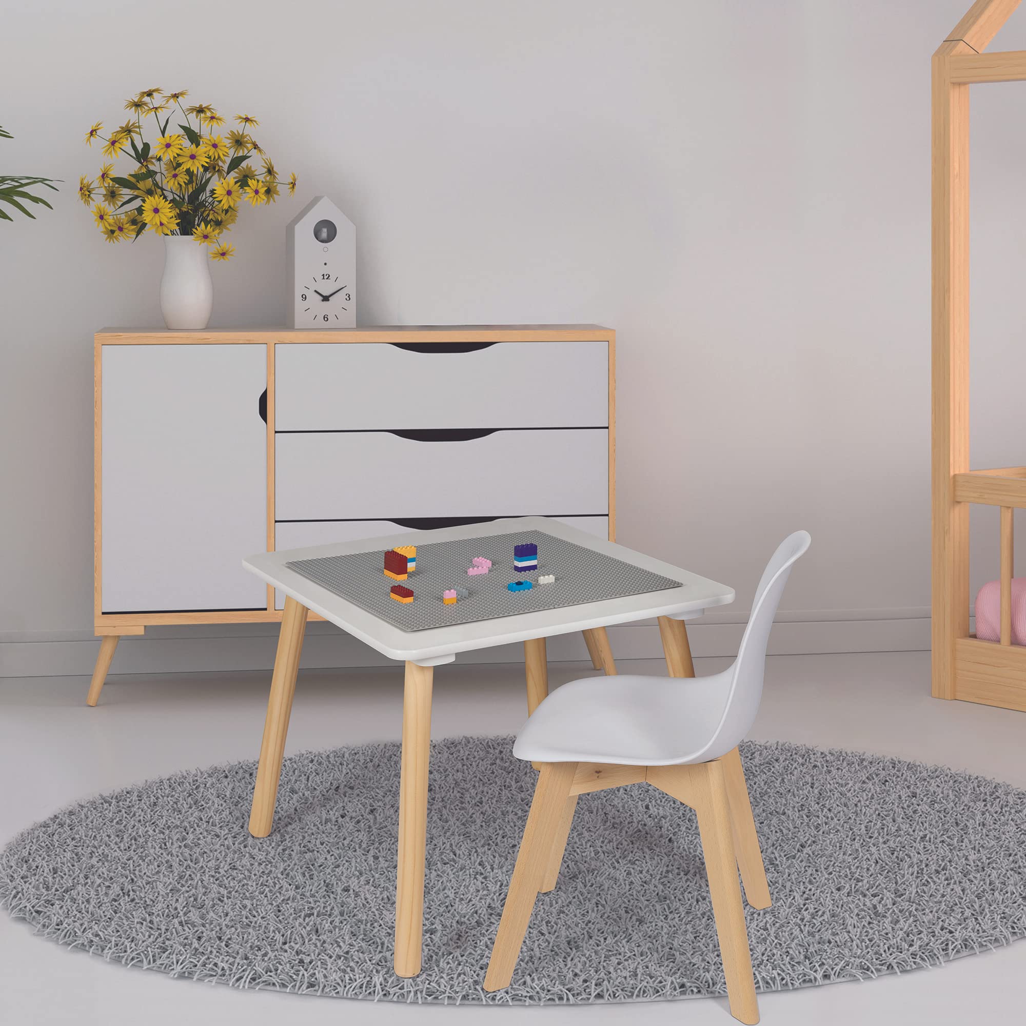 HOME DECO KIDS - HD7126 Table d'Activité pour Enfants - Mobilier de Décoration - Chambre - Matériaux Naturels - 52 x 52 x 44 cm - Blanc/Gris Clair/Bois
