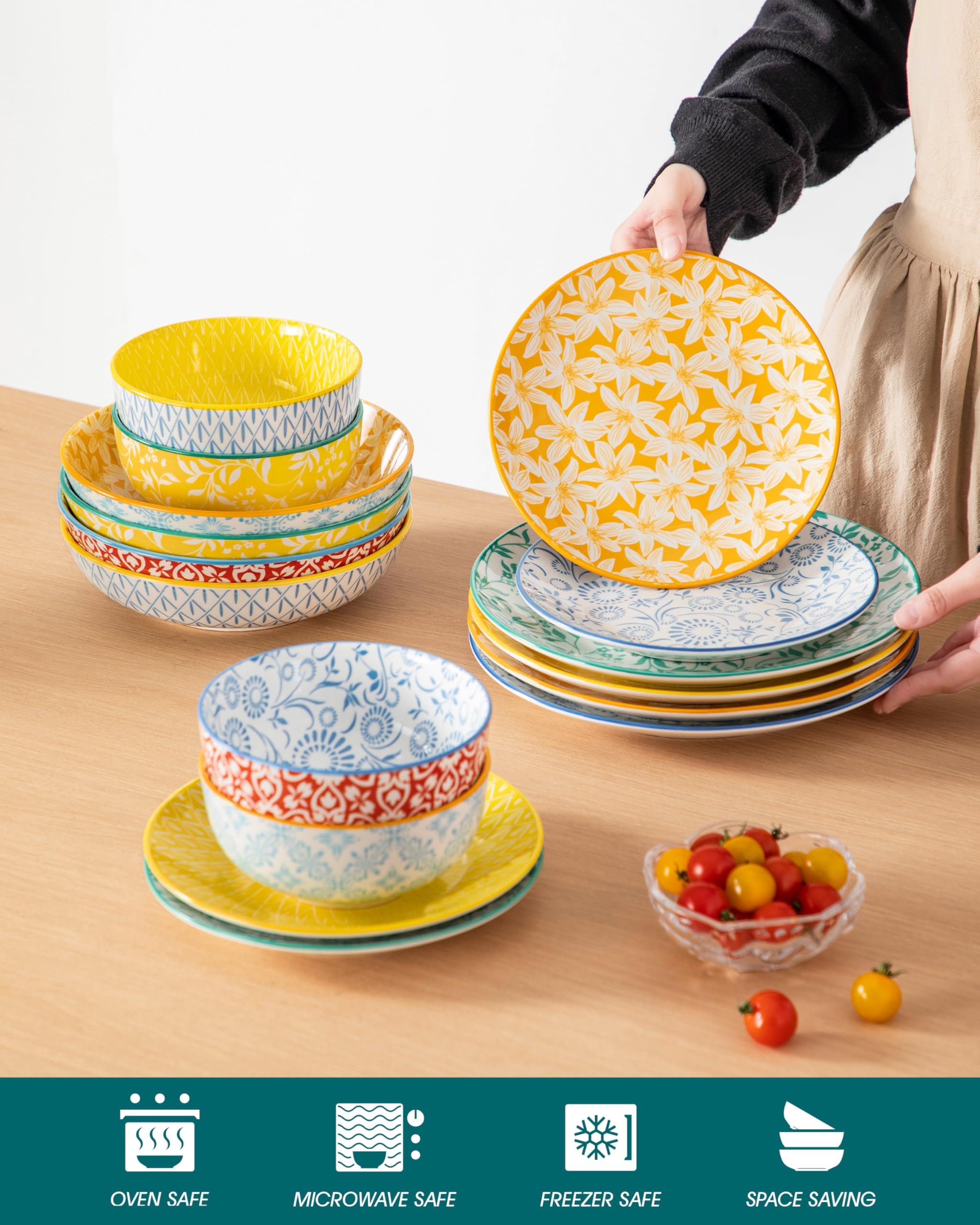 vancasso Selene zestaw obiadowy dla 4 osób, 16-częściowy zestaw kolorowych porcelanowych talerzy i misek, odporne na zarysowania, zestaw naczyń Mircowave, nadaje się do mycia w zmywarce