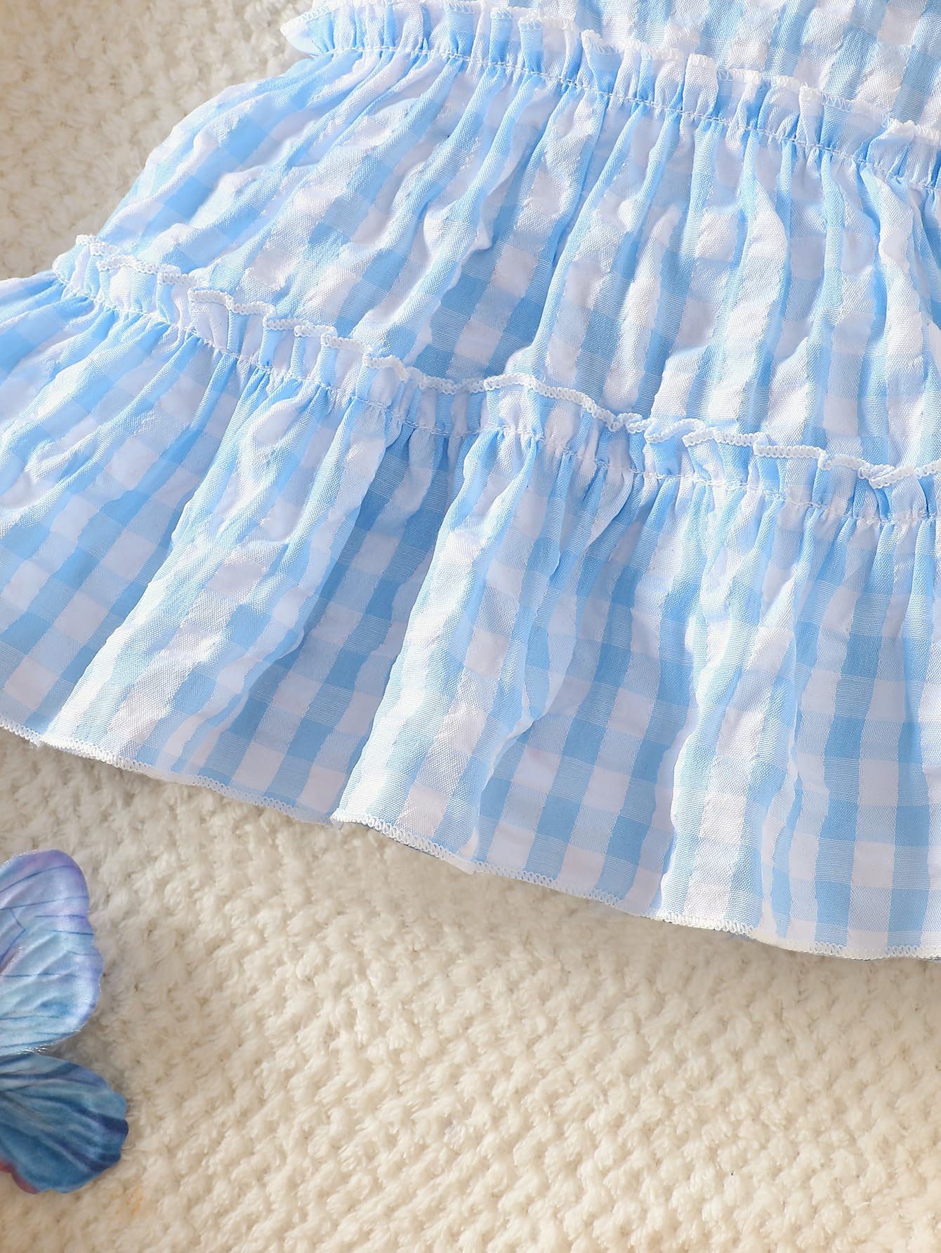 Vestido de cuadros azul para bebé niña con cuello de encaje con ojales y flores de ganchillo 3D, volantes escalonados, trajes de verano para recién nacidos — view 5