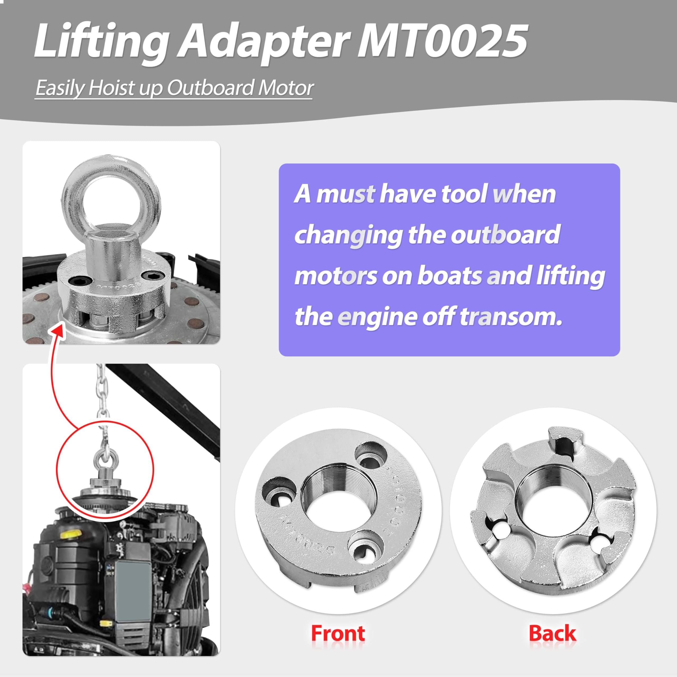 Adapter do podnoszenia MT0025 kompatybilny z Yamaha 5.3 V8, 4.2 V6, F200B, F115B, F425, MT0022 i Non-Verado Mercury (gwint 1,5 cala x 16 TPI)