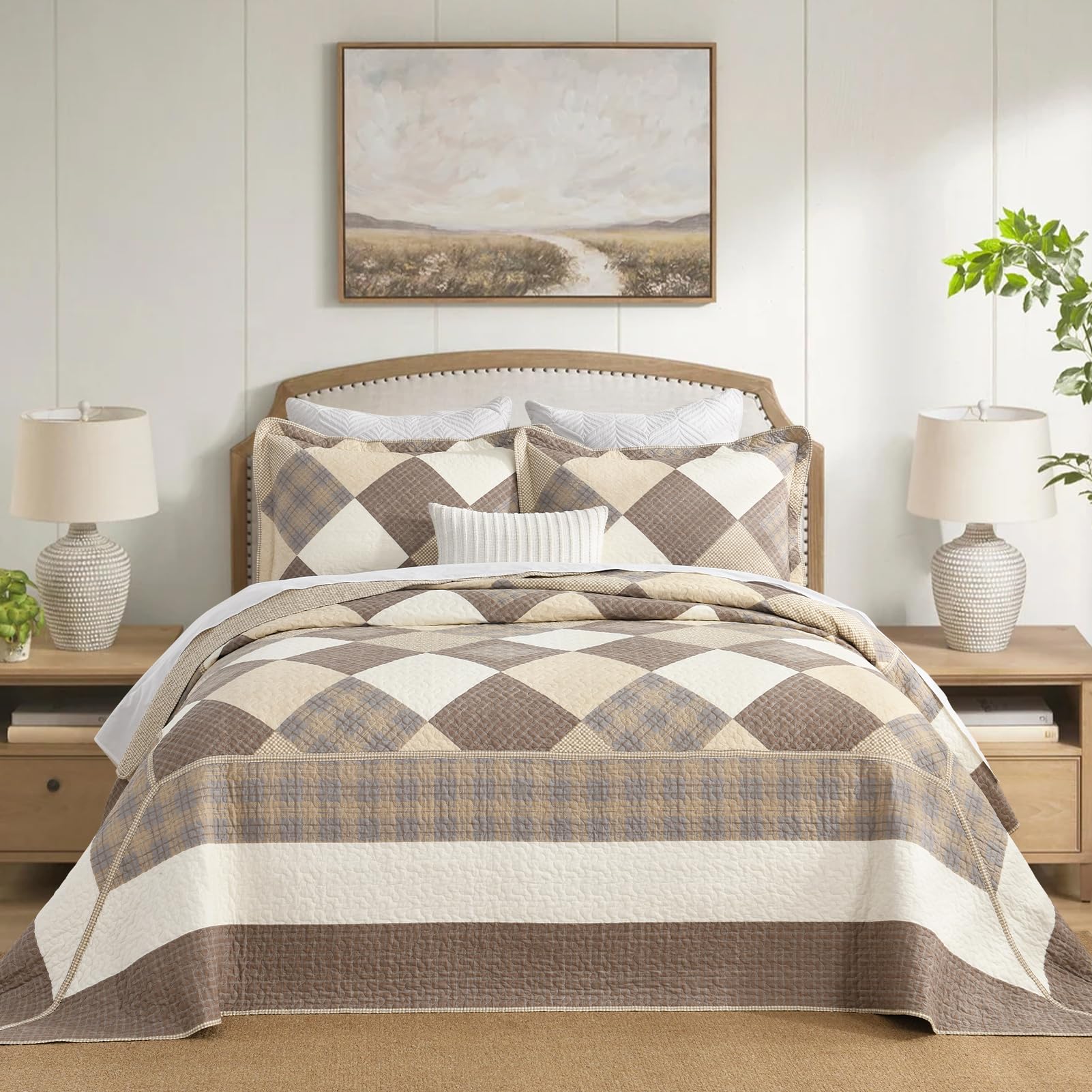 Übergroße Tagesdecke Aus 100% Baumwolle – Queen Size Mit Kissenbezügen Im Karierten Landhaus-Design