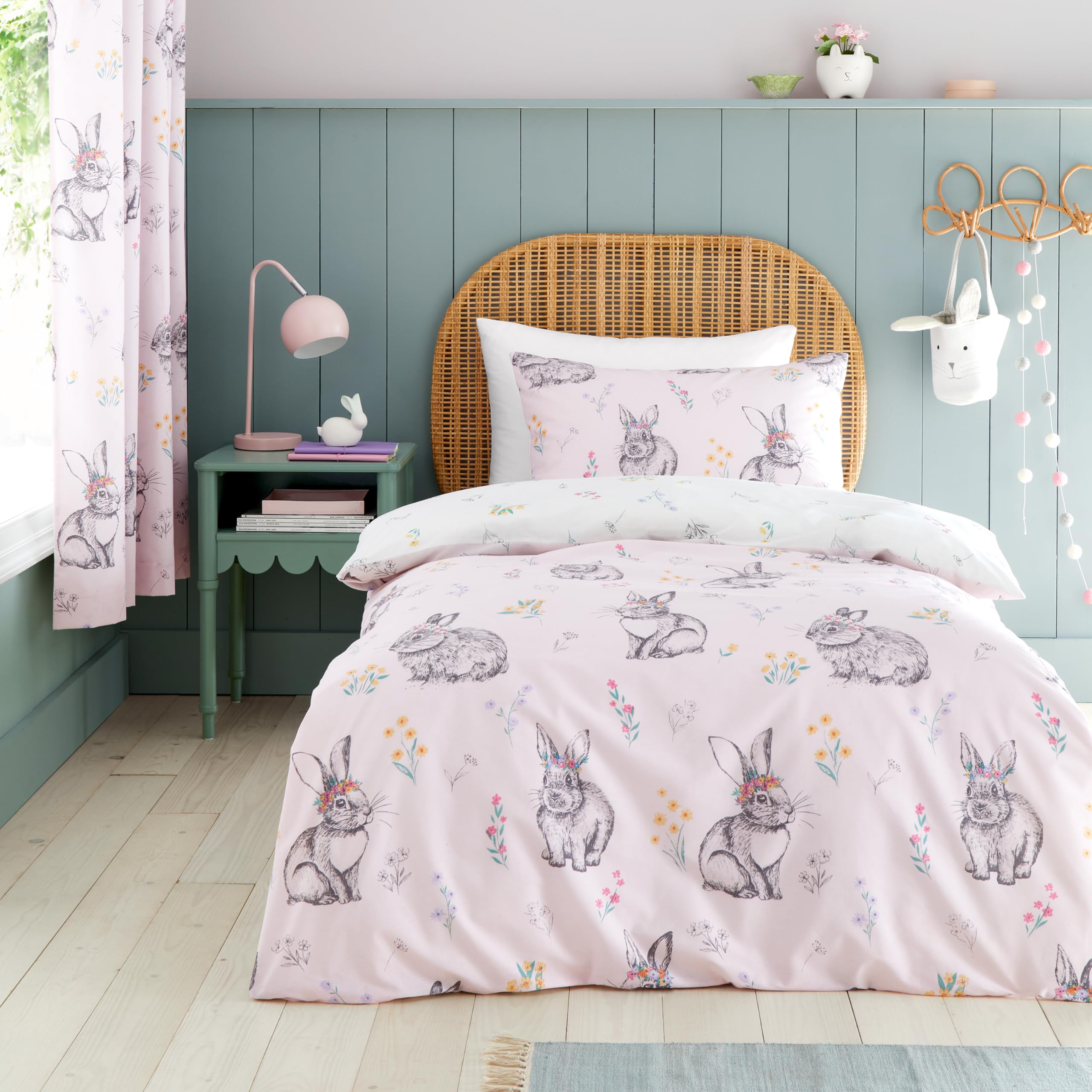 B&Q -  Bunny Tails Ditsy Flowers Reversible Duvet Cover Set With Pillowcase Pink