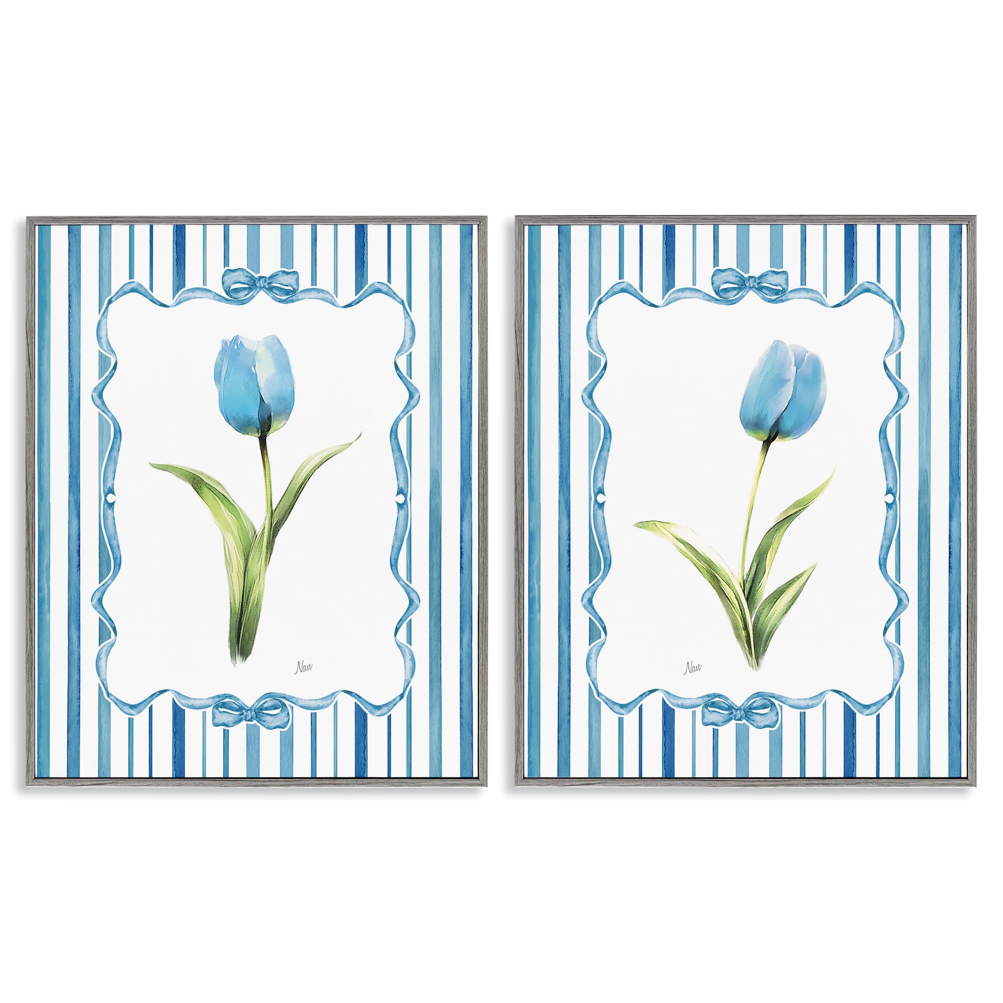 Stupell Industries 'Blue Tulips with Feminine Ribbon', 2pc Framed Giclee Art Set 2, Gray, 24 x 30 Inches, Easy to Hang and Sturdy, Made in USA, by Nan