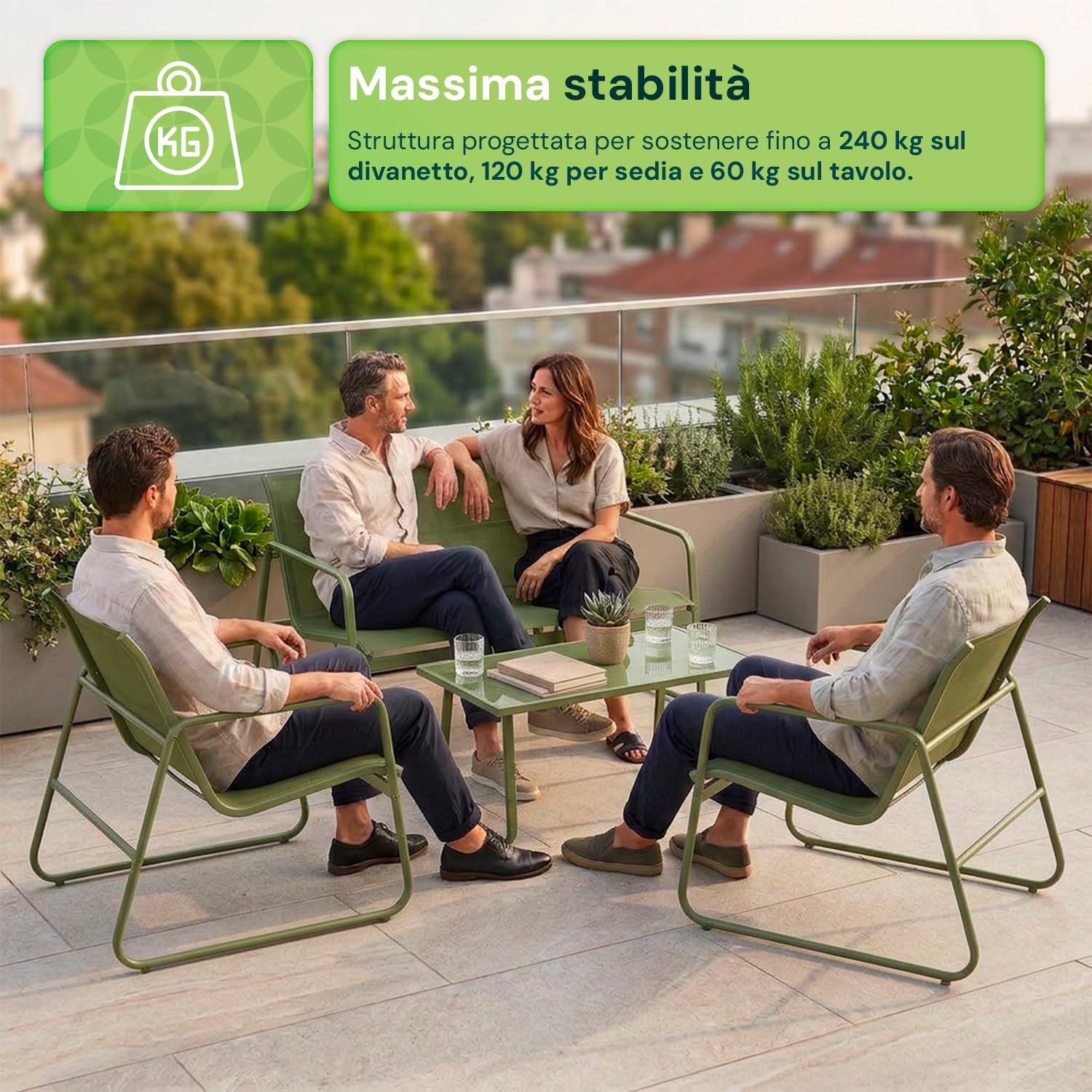 Avilia - Set da Giardino Esterno 4 Pezzi – Divanetto, 2 Sedie e Tavolino Esterno, Struttura Ferro, Seduta Texilene | Set Divano Giardino con Piedini Regolabili, Portata 240/120/60 kg (Khaki)