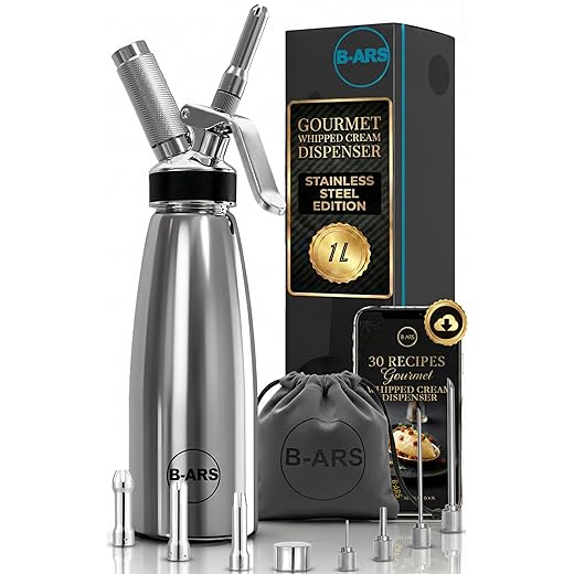 B-ARS Chantilly Siphon Stainless Steel 1L Drinks Mousses Chantilly with Decorative Nozzles Needles Accessories Bag Cleaning Book Recipes Durable Materials Easy to Use