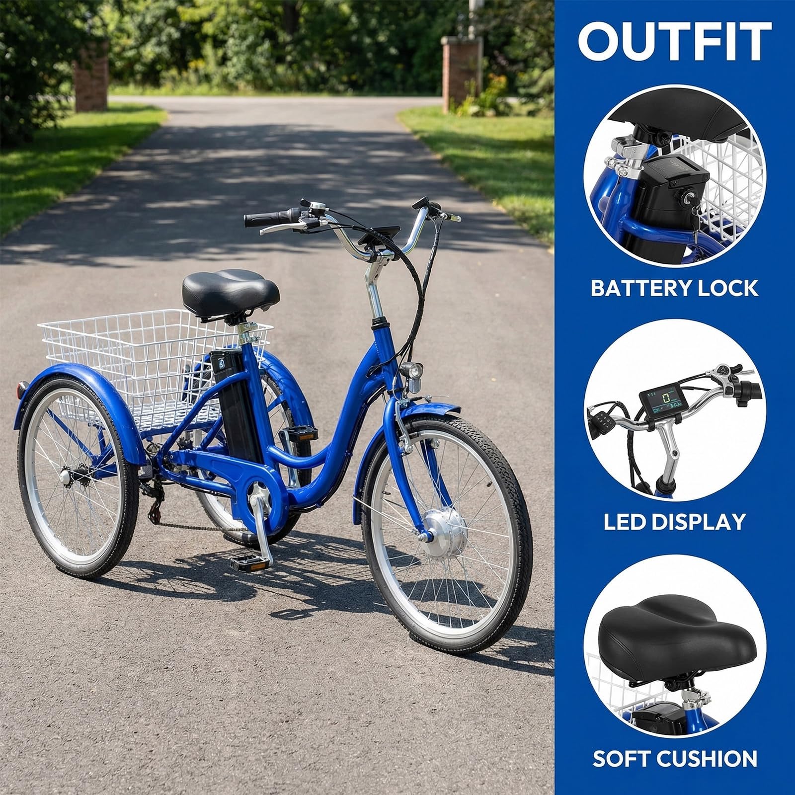 24 Pollici Triciclo Elettrico A 3 Ruote a Tre Ruote Bicicletta Elettrica da Carico per Adulti capacità di Carico 150 kg Altezza Regolabile con Carrello della Spesa