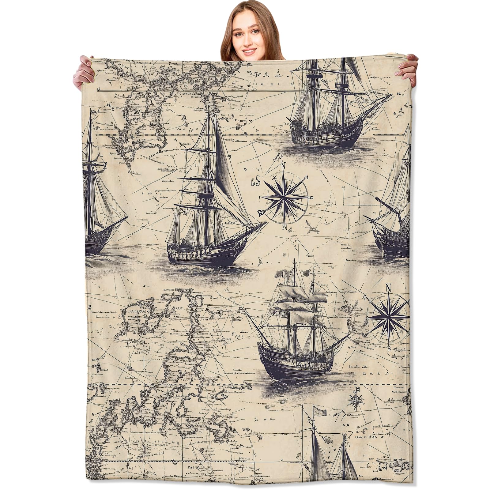 VODRM Vintage Nautical Map Blanket Ships and World Maps Throw Blankets,Birthday Gifts for Kids Adult & History Lovers,Lightweight Soft Fleece Cozy for